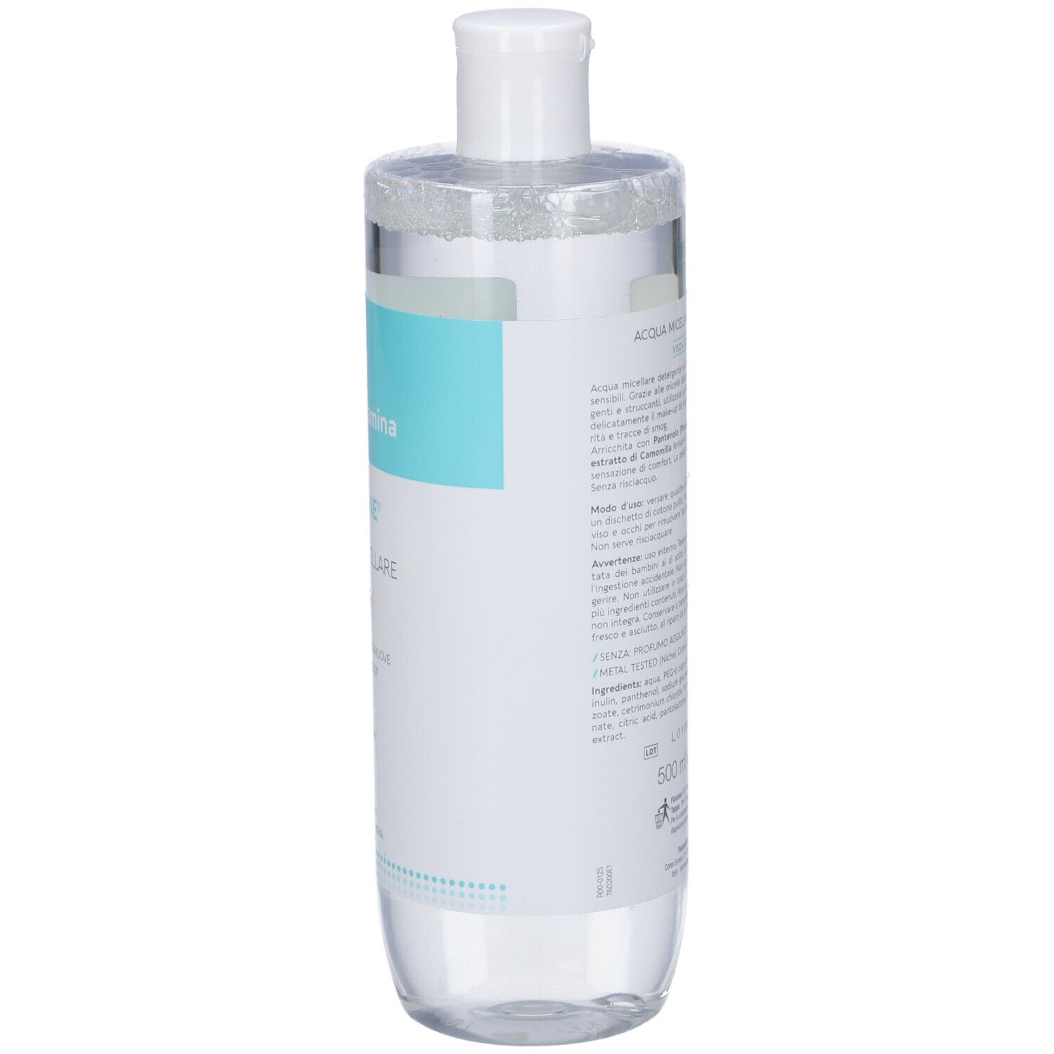 Flacone cilindrico, vista laterale. Tappo bianco. Etichetta con testo. Liquido trasparente. Imballaggio parzialmente trasparente.