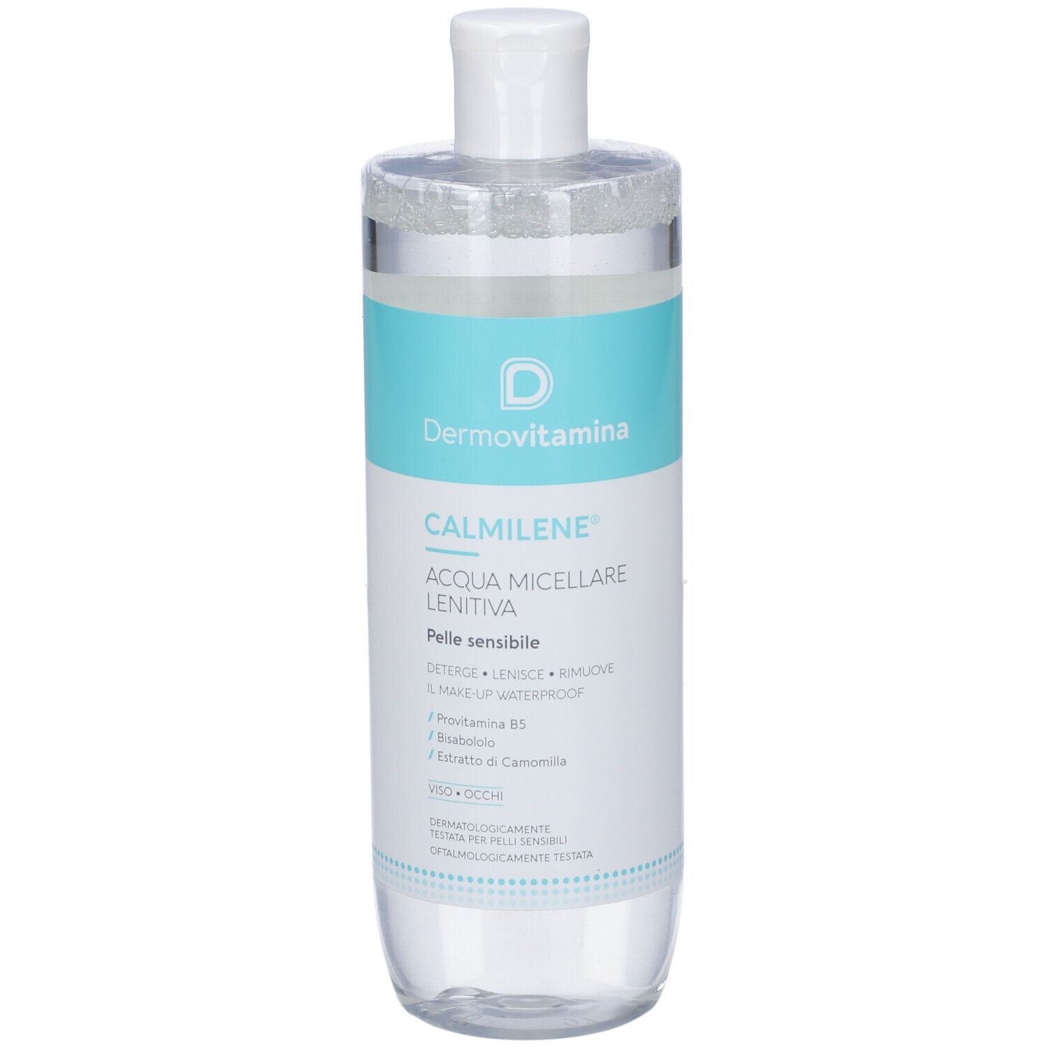 Flacone cilindrico con tappo bianco. Etichetta turchese e bianca con nome e logo. Liquido trasparente visibile.