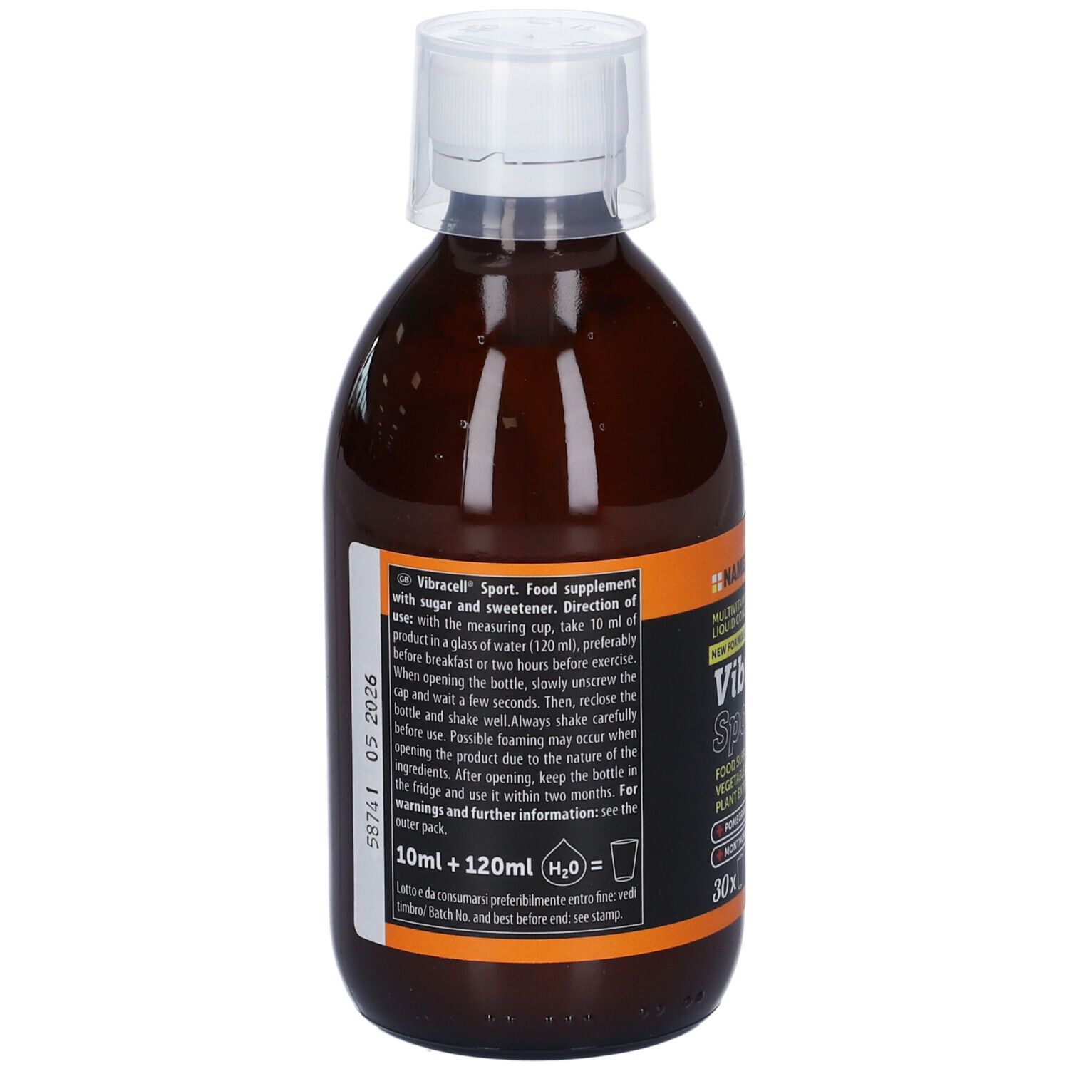 Retro della bottiglia marrone. Testo in più lingue. Contiene informazioni sull'uso e gli ingredienti.