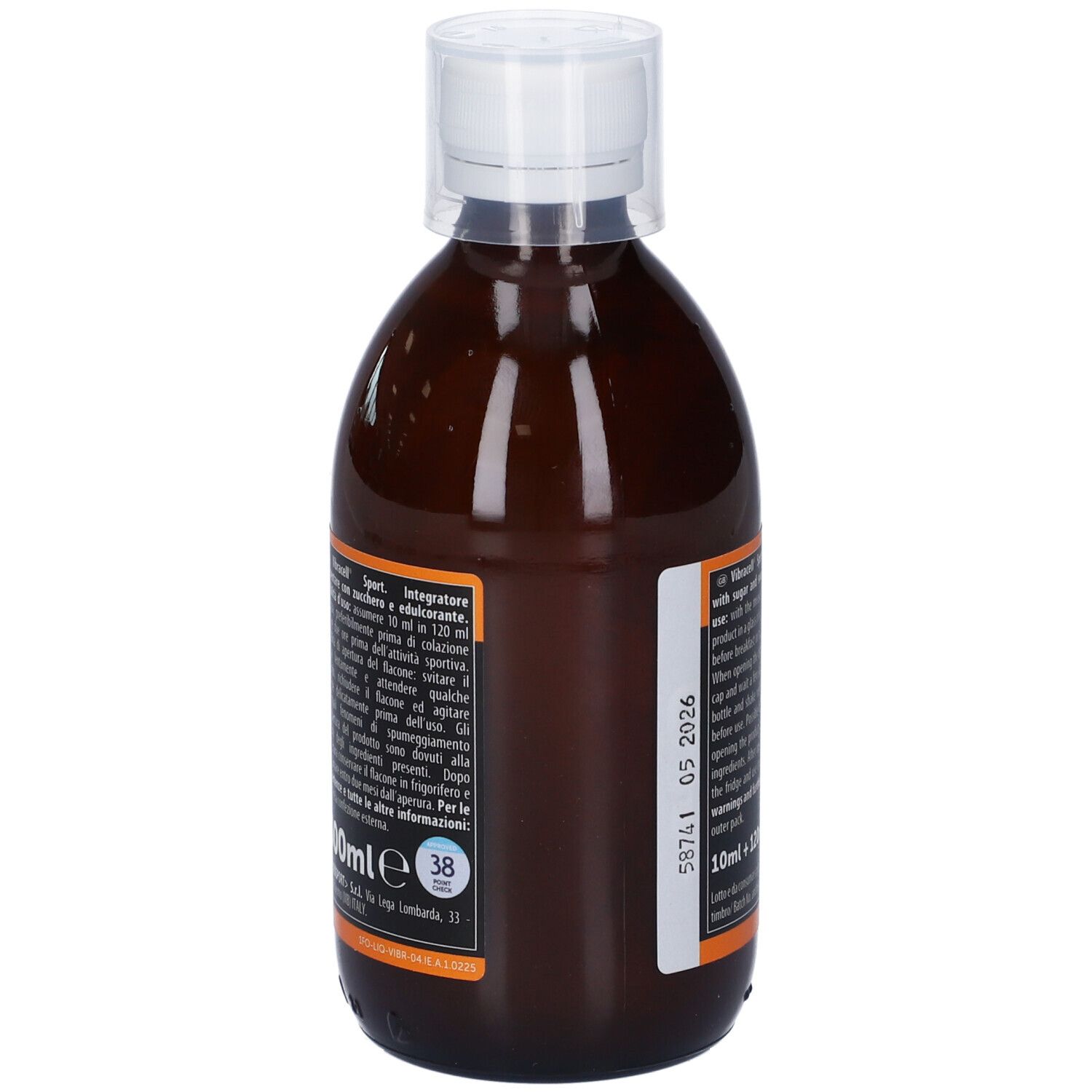 Bottiglia marrone con tappo bianco. Etichetta con testo in più lingue. Contiene informazioni sul prodotto.