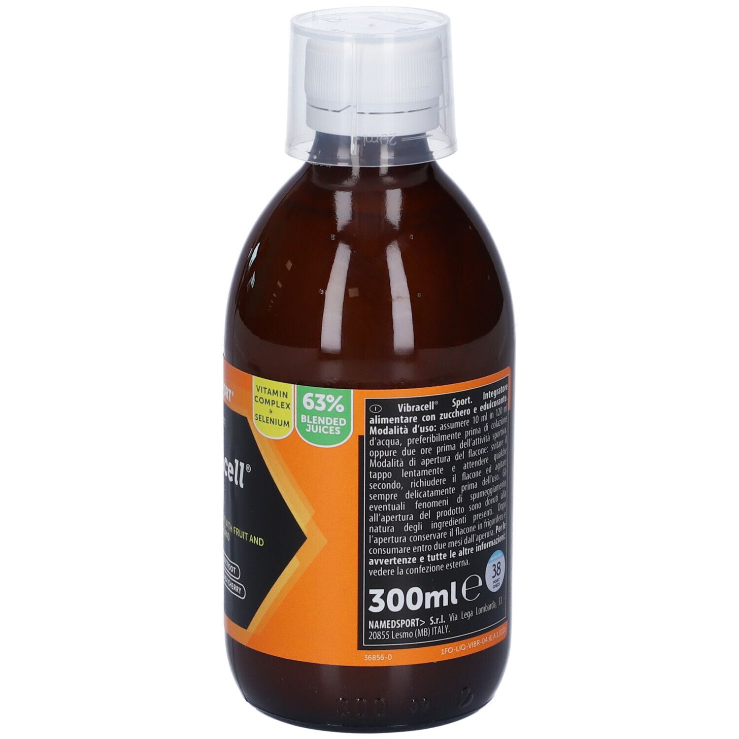 Bottiglia marrone con tappo bianco. Scritta: Vibracell Sport. Contiene 300ml. Etichetta arancione.