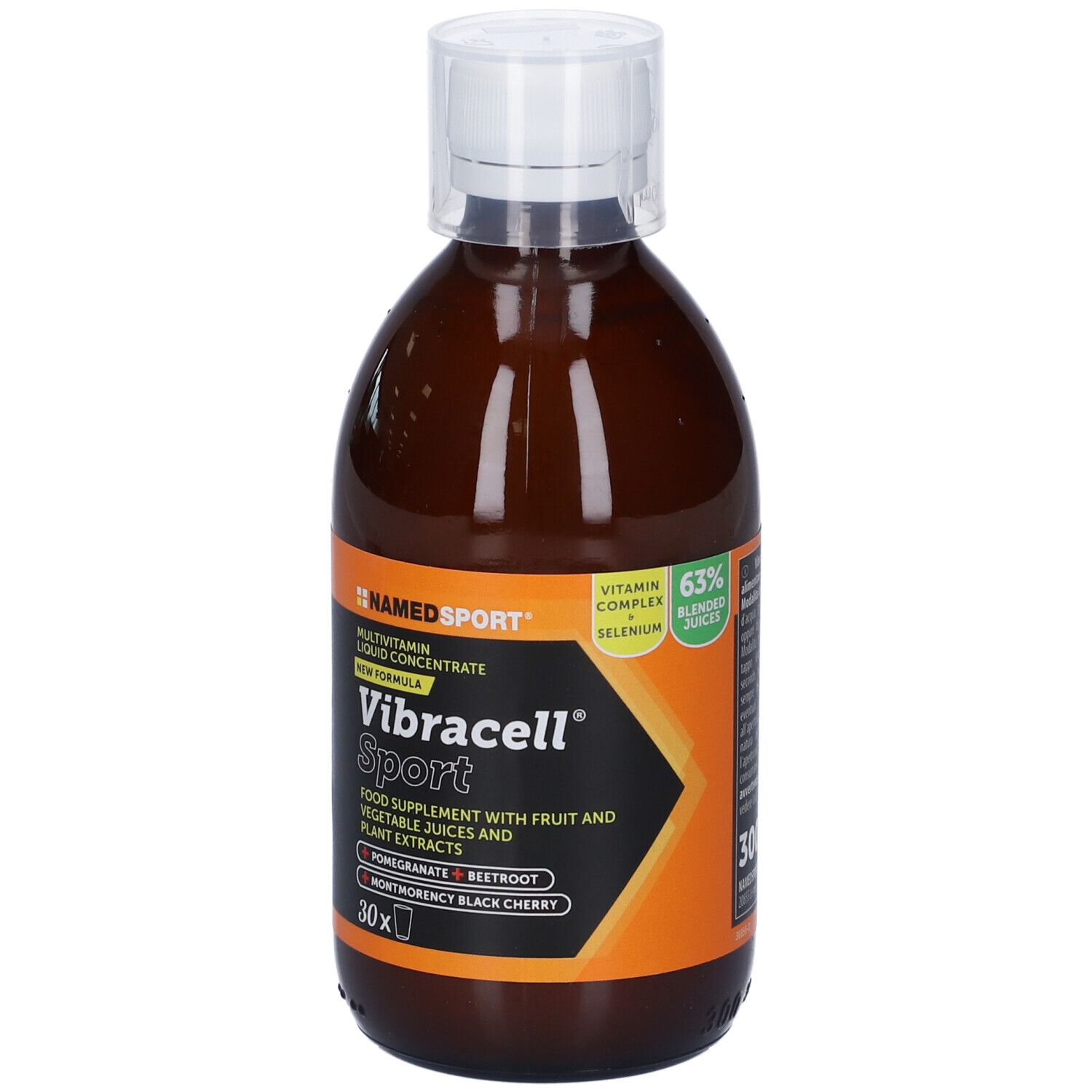 Bottiglia marrone con tappo bianco. Scritta: Vibracell Sport. Contiene succhi di frutta e verdura. Etichetta arancione.