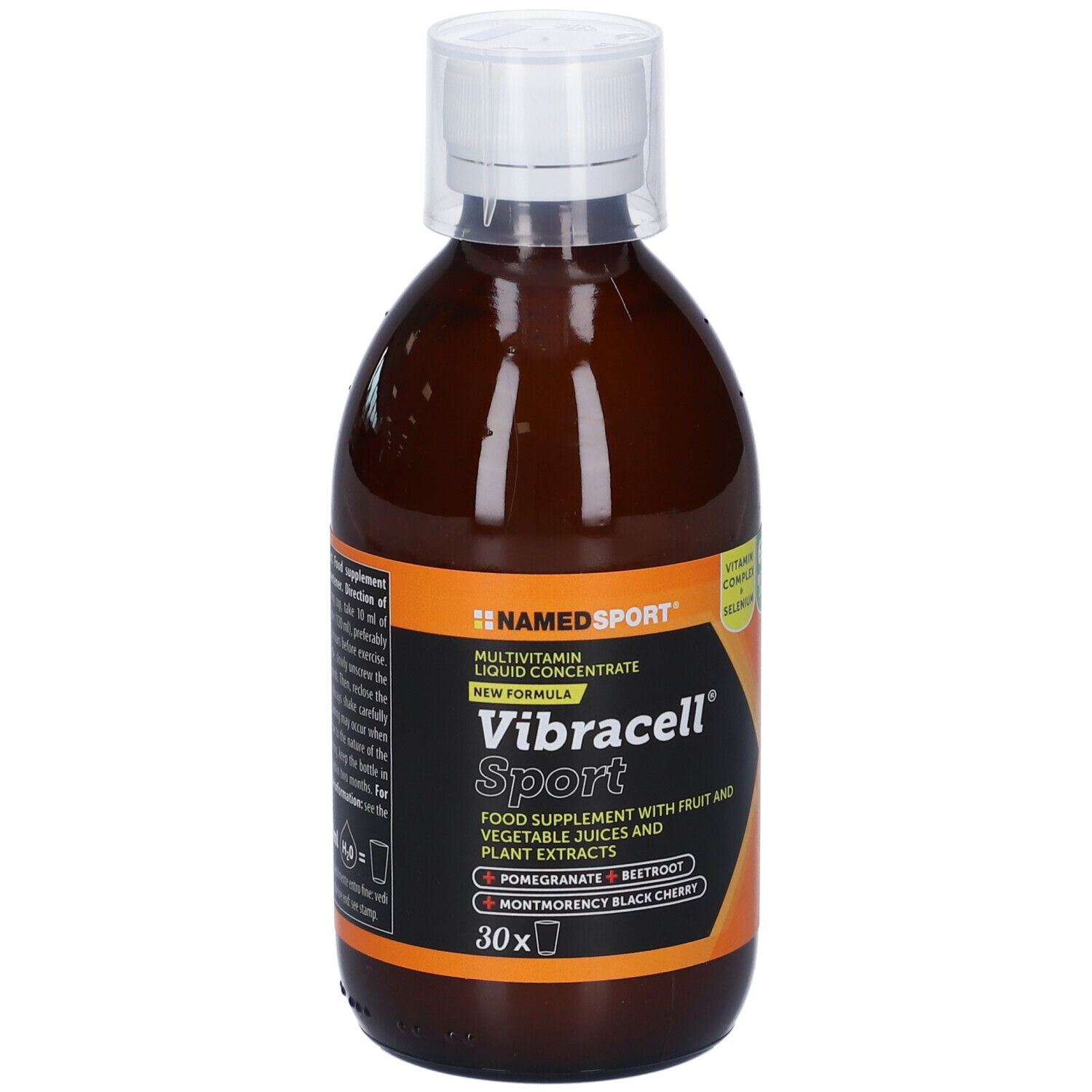 Bottiglia marrone con tappo bianco. Scritta: Vibracell Sport. Contiene succhi di frutta e verdura. Etichetta arancione.