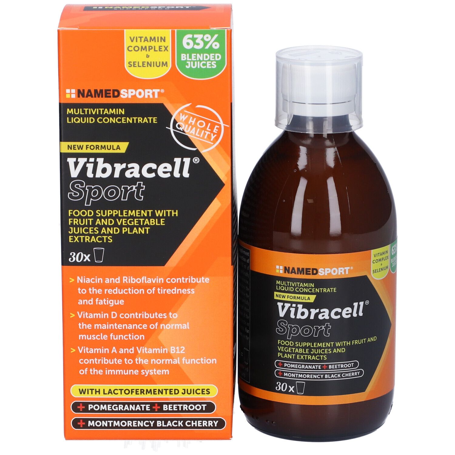 Bottiglia marrone e confezione. Scritta: Vibracell Sport. Contiene succhi di frutta e verdura. Etichetta arancione.