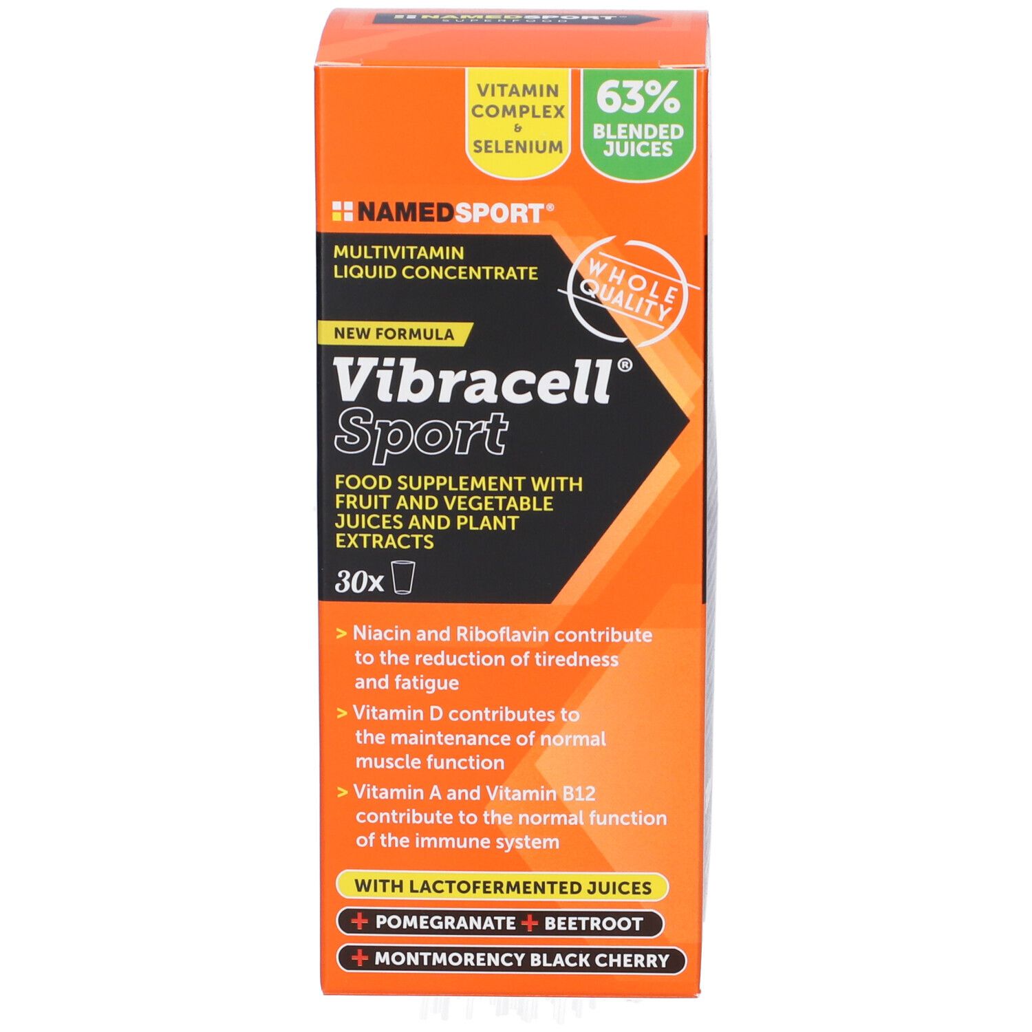 Confezione con scritta: Vibracell Sport. Contiene succhi di frutta e verdura. Etichetta arancione. Bottiglia accanto.
