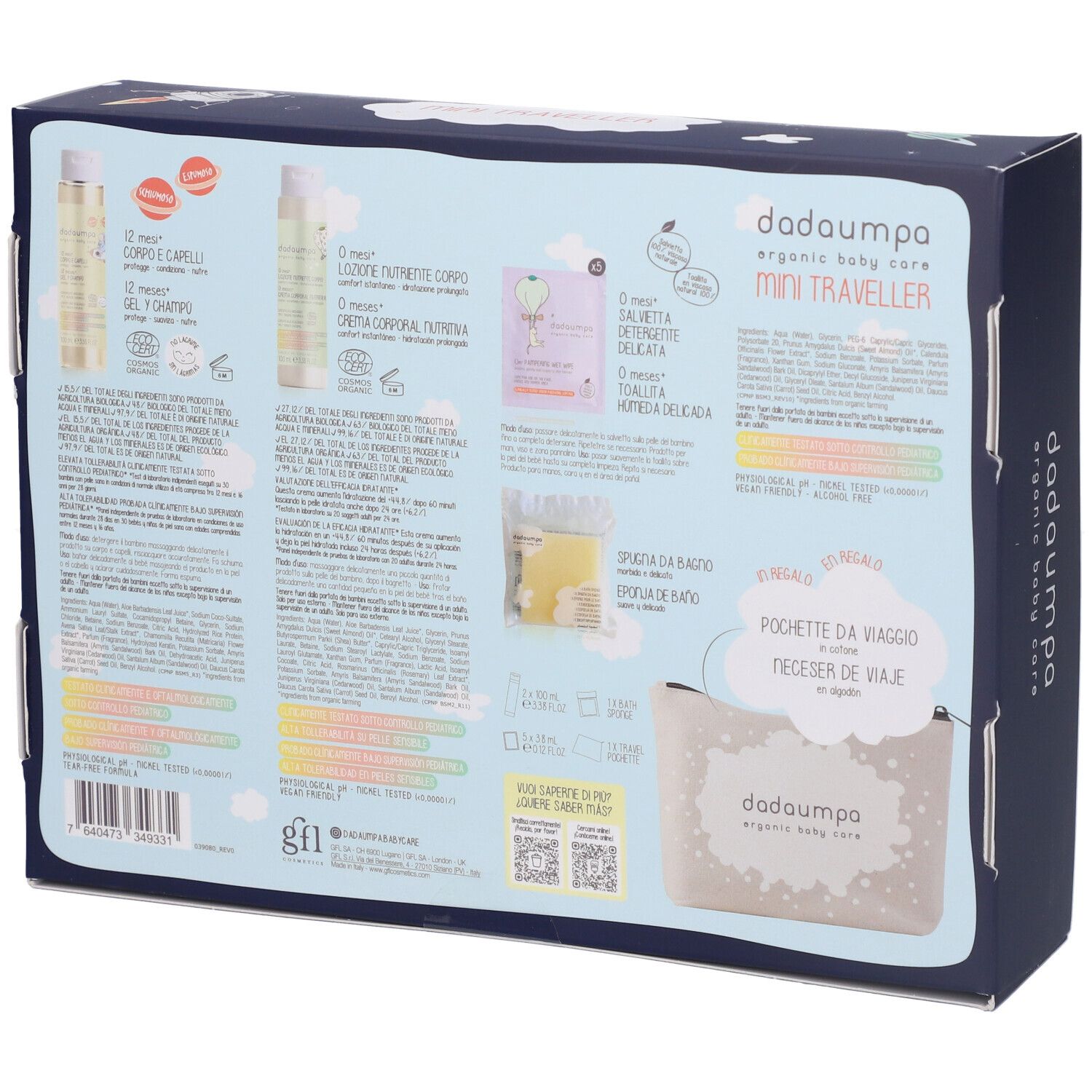 Retro del kit Dadaumpa Mini Traveller. Contiene informazioni sugli ingredienti e il contenuto. Con codice QR e loghi.