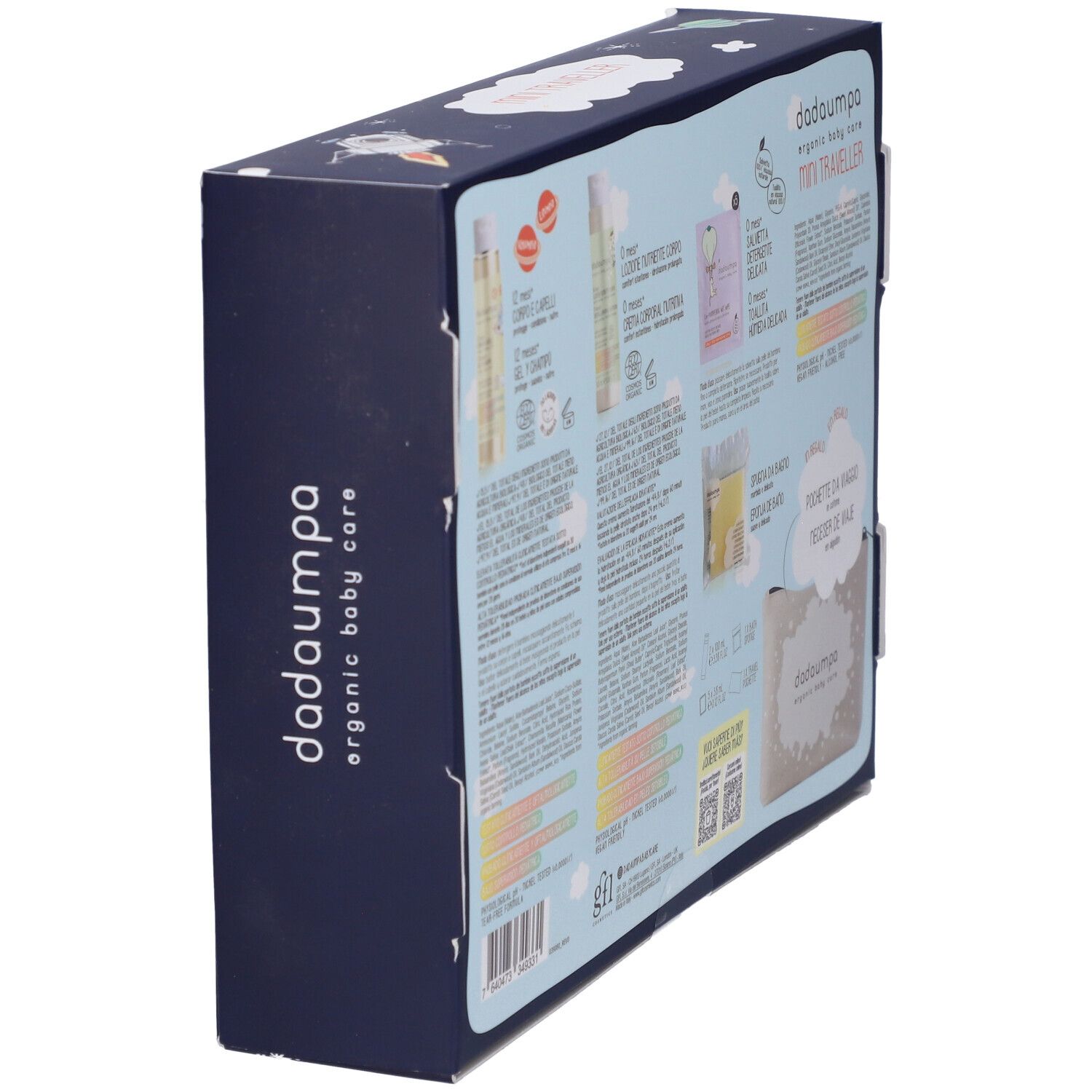 Kit Dadaumpa Mini Traveller. Scatola blu con design spaziale. Vista laterale. Retro con informazioni sul prodotto.