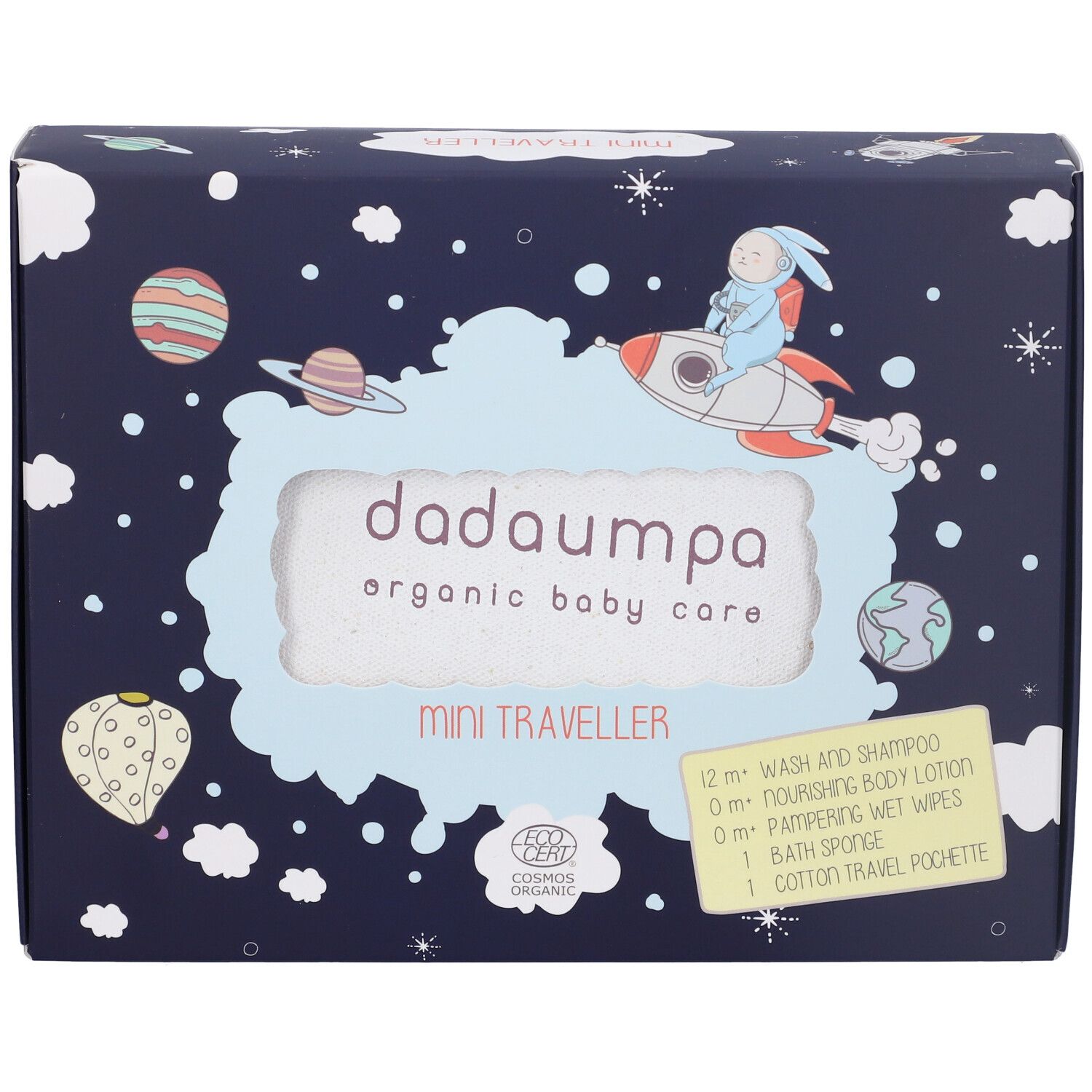 Kit Dadaumpa Mini Traveller. Scatola con design spaziale. Contiene shampoo, lozione, salviette, spugna e pochette da viaggio.