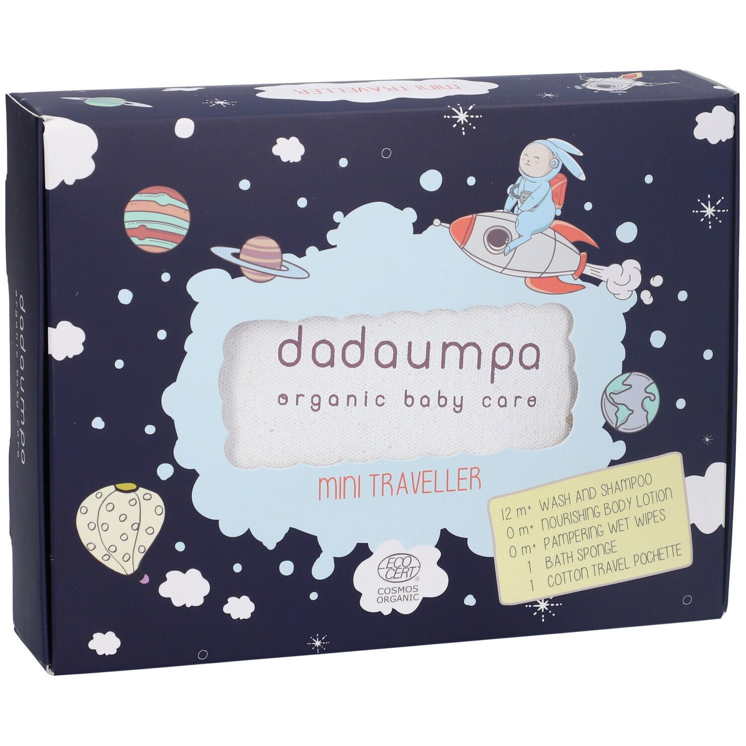 Kit Dadaumpa Mini Traveller. Scatola con design spaziale. Contiene shampoo, lozione, salviette, spugna e pochette da viaggio.