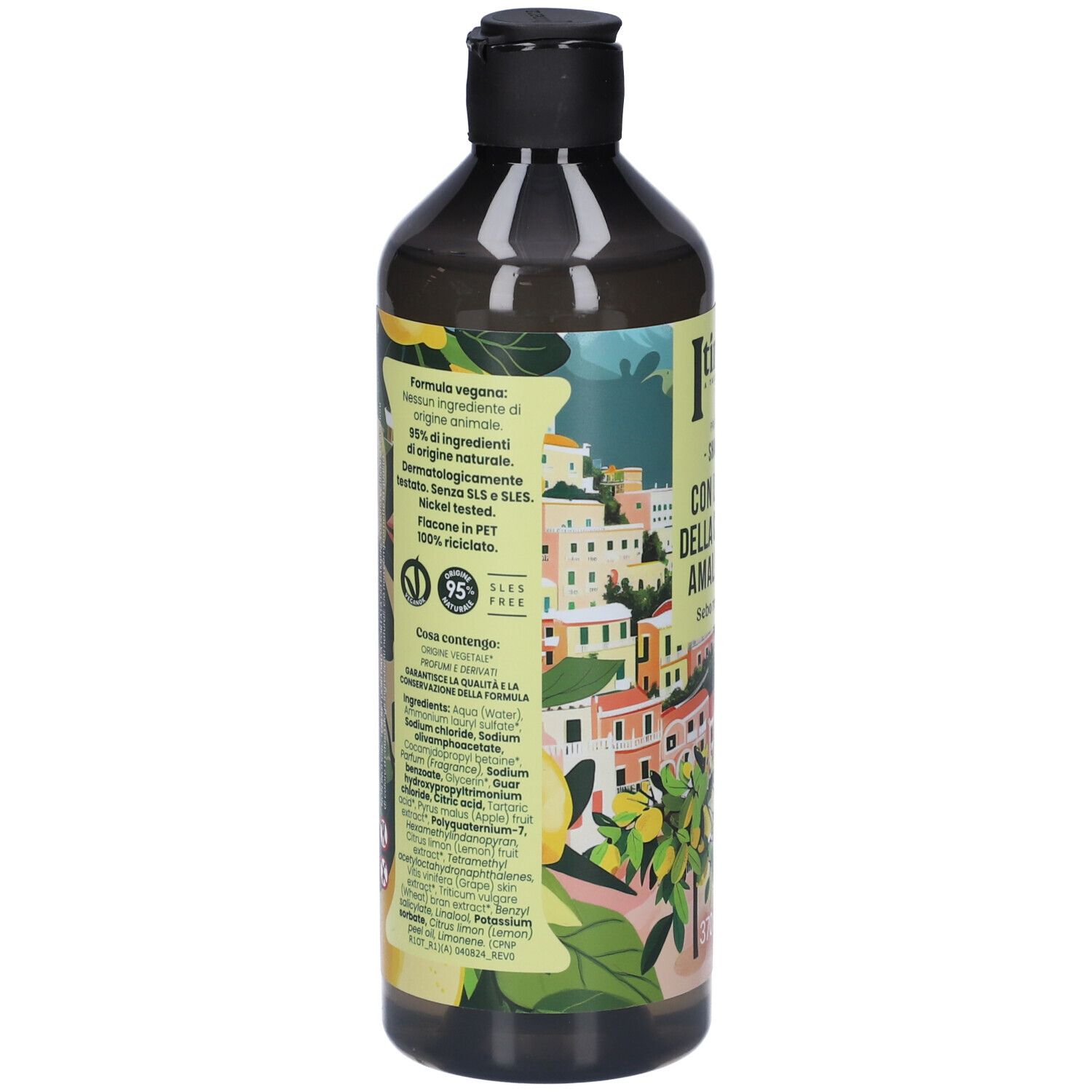 Retro del flacone di shampoo. Testo: Formula vegana, 95% ingredienti di origine naturale, testato al nichel. In PET 100% riciclato. Ingredienti.