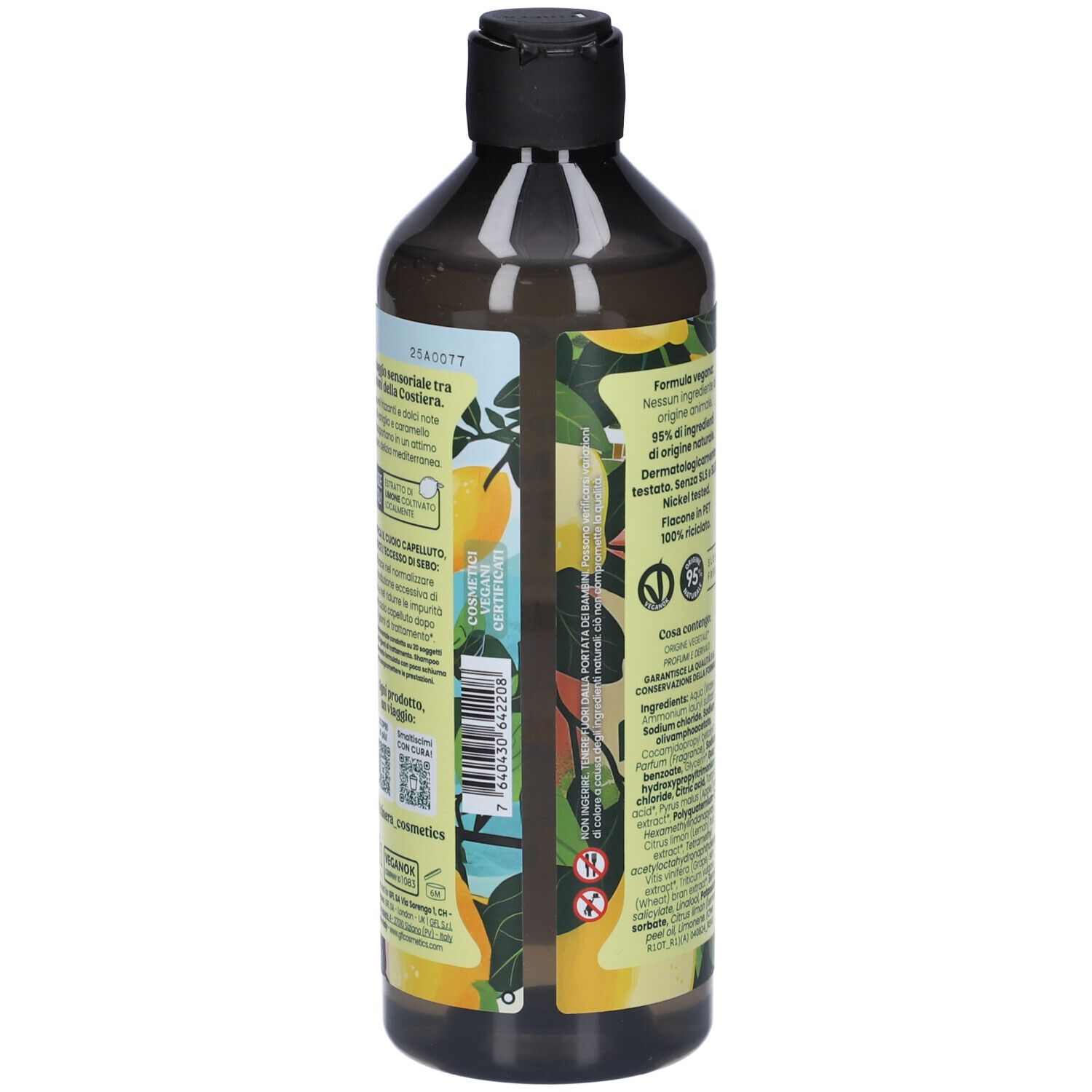 Retro del flacone di shampoo. Testo: COSMETICALLY CERTIFIED. Codice a barre. Testo: Ingredienti. Logo: Made in Italy.