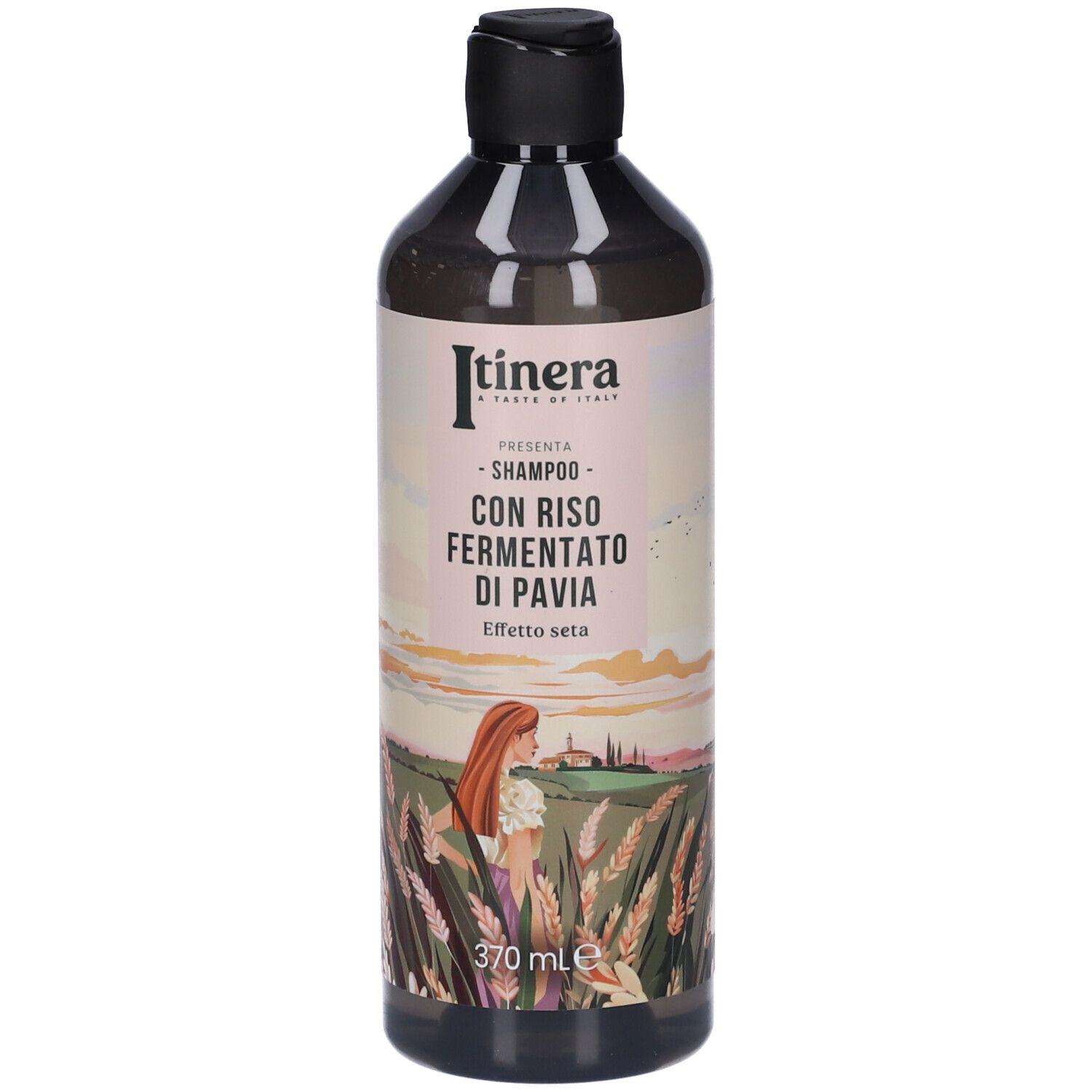 Flacone di shampoo con tappo nero. Etichetta con nome del prodotto e donna con capelli lunghi. 370 ml.