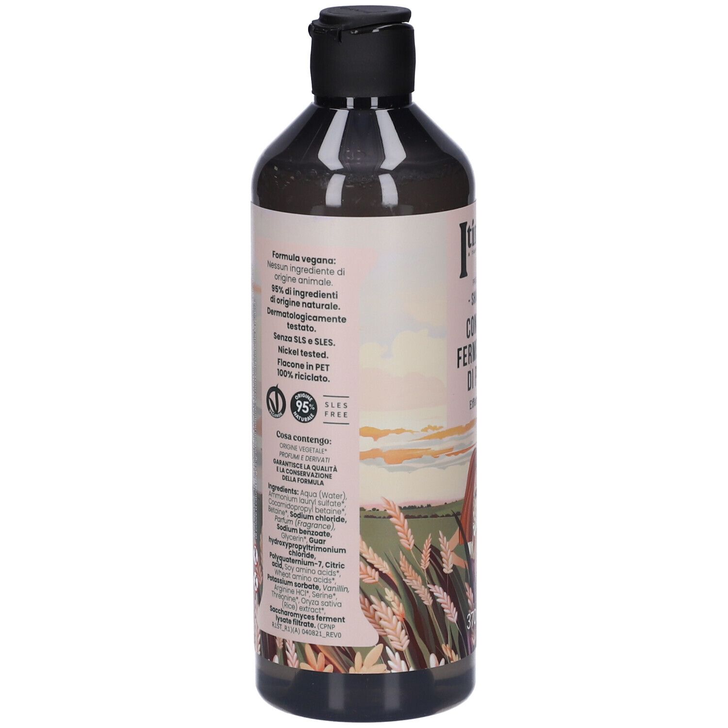 Flacone di shampoo con tappo nero. Etichetta con ingredienti e logo Vegan. 95% PET riciclato.