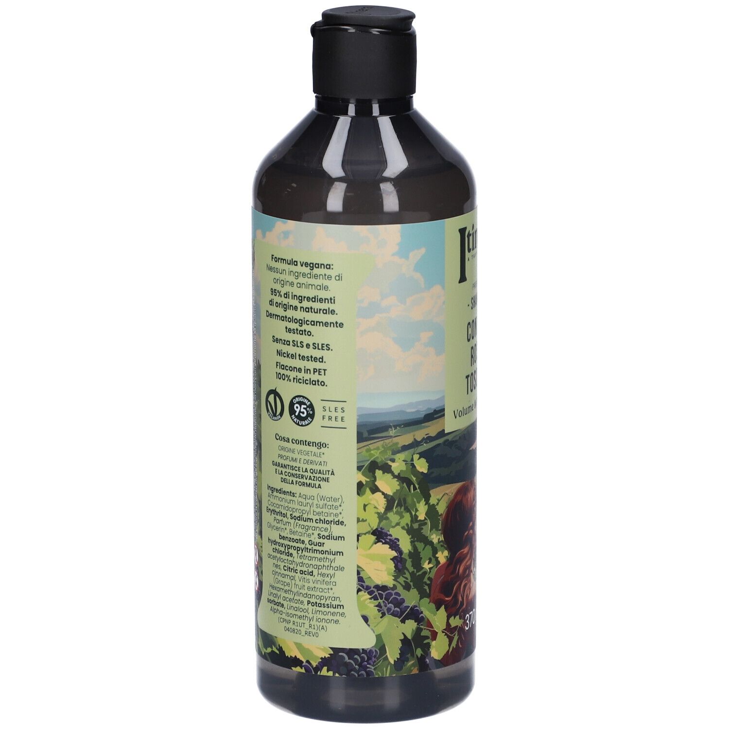 Retro del flacone. Etichetta con ingredienti, logo vegano e altre informazioni. Flacone in PET.