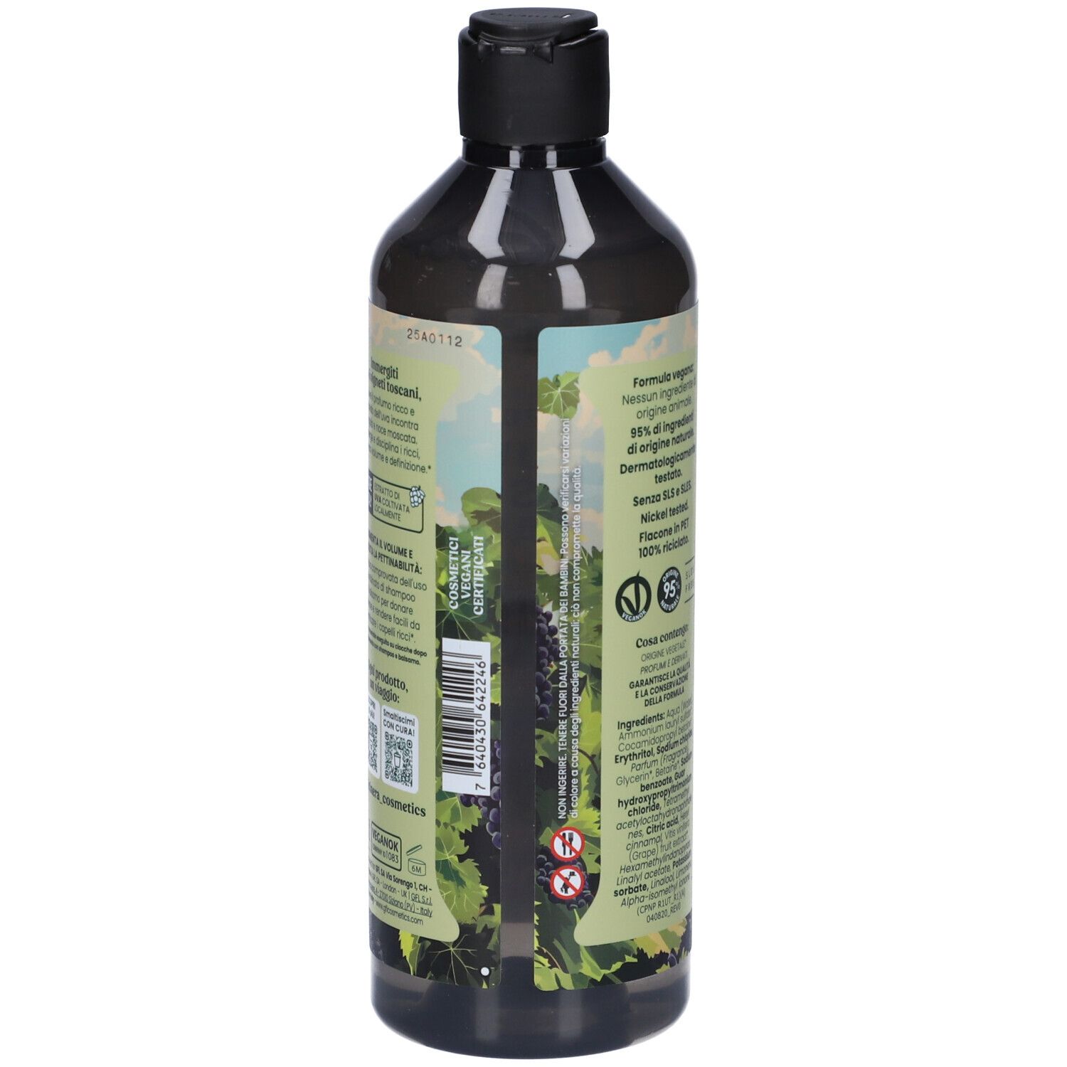 Retro del flacone. Etichetta con ingredienti, logo vegano e altre informazioni. Flacone in PET.