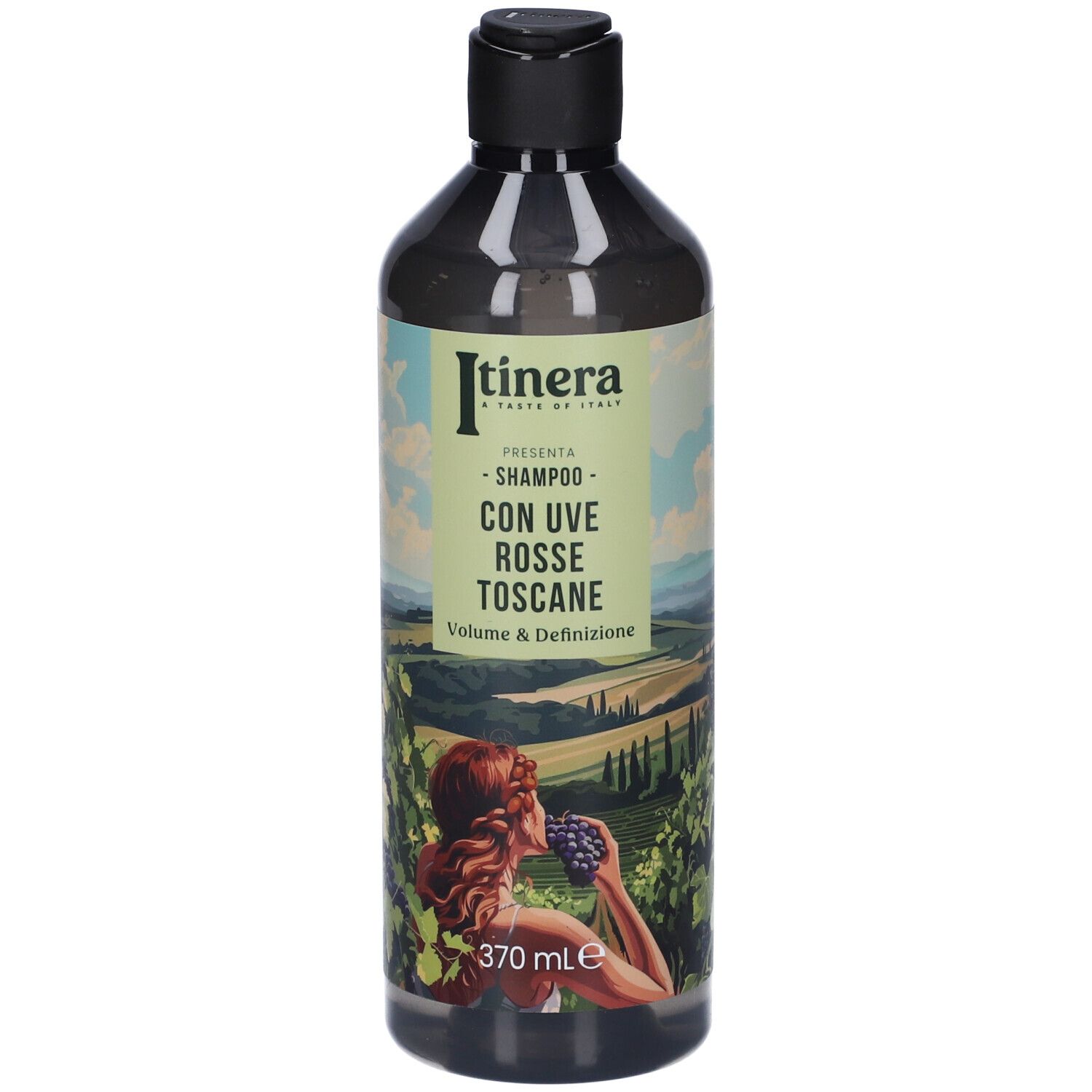 Flacone scuro con tappo nero. Etichetta con nome del prodotto e immagine di donna con uva. Volume: 370 ml.