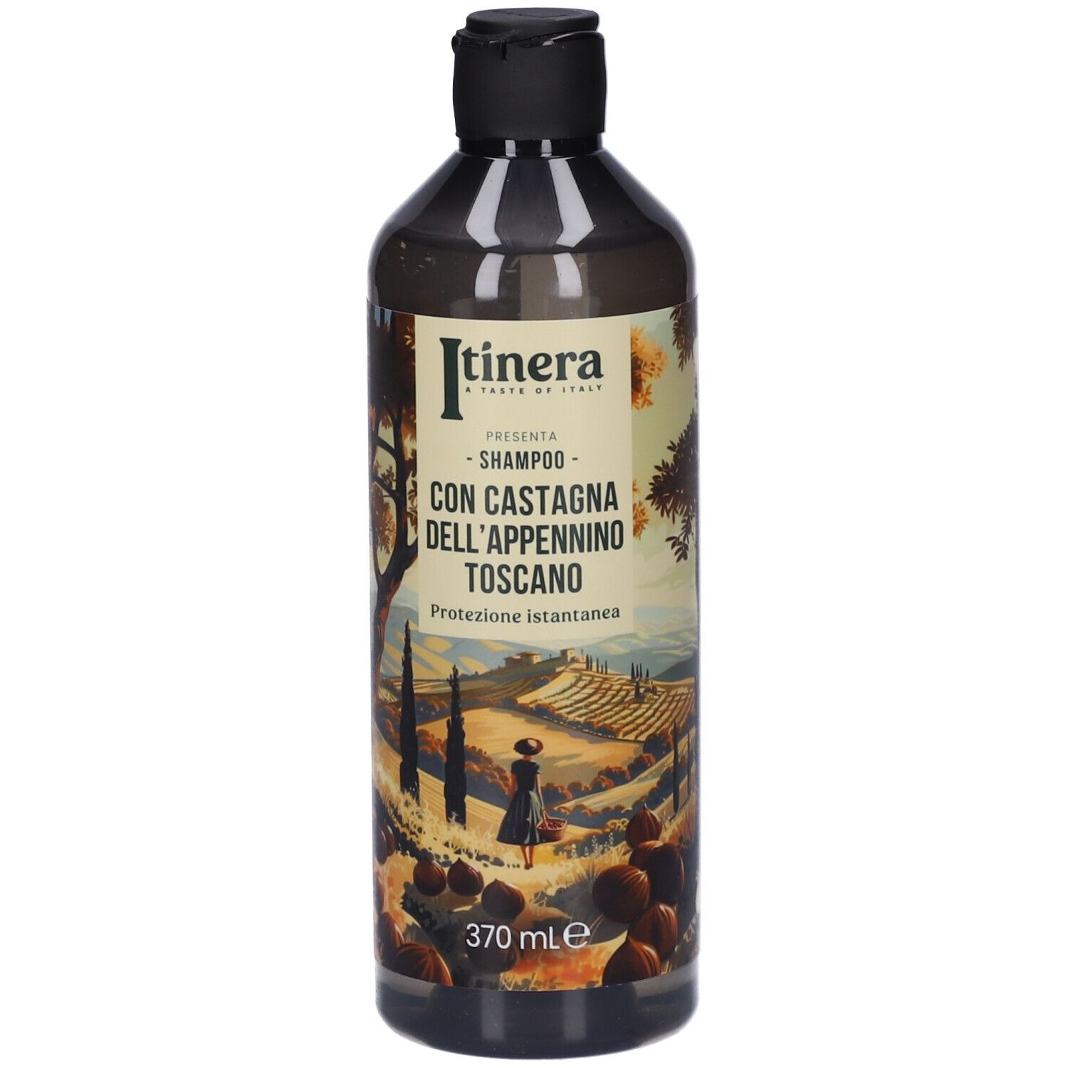 Flacone di shampoo con tappo nero. Etichetta con nome del prodotto e ingredienti. 370 ml.