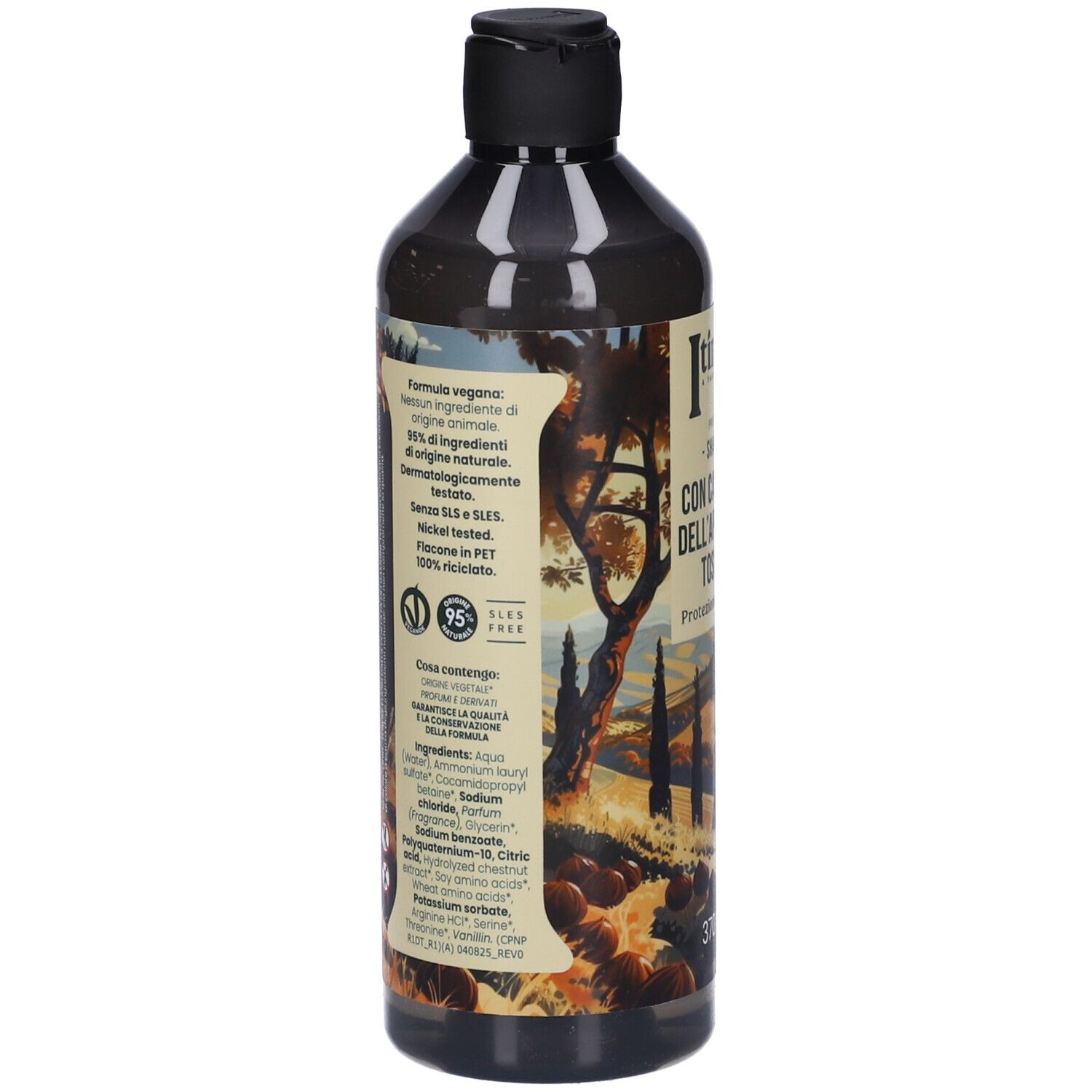 Flacone di shampoo con tappo nero. Etichetta con ingredienti e formula vegana. 95% naturale.