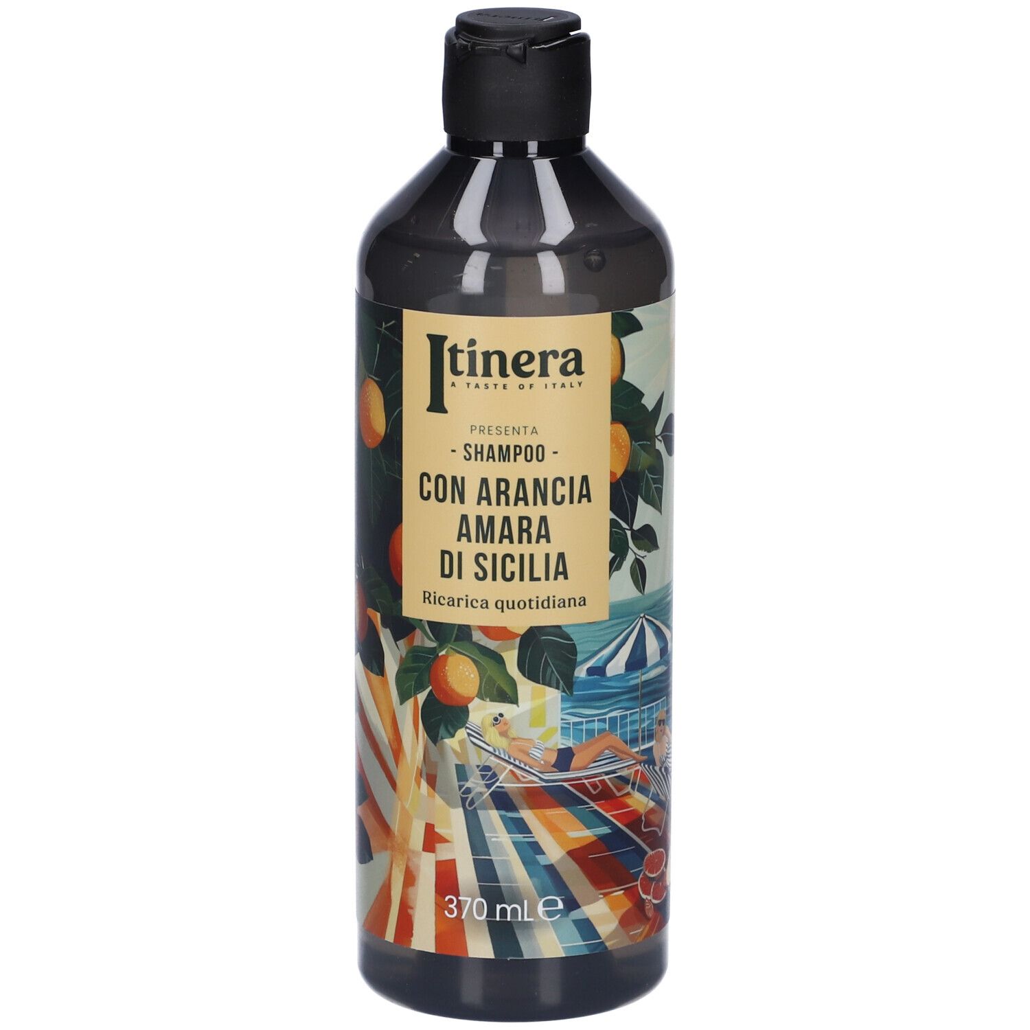 Flacone scuro con tappo nero. Etichetta con nome del prodotto e illustrazione di arance. Volume: 370 ml.