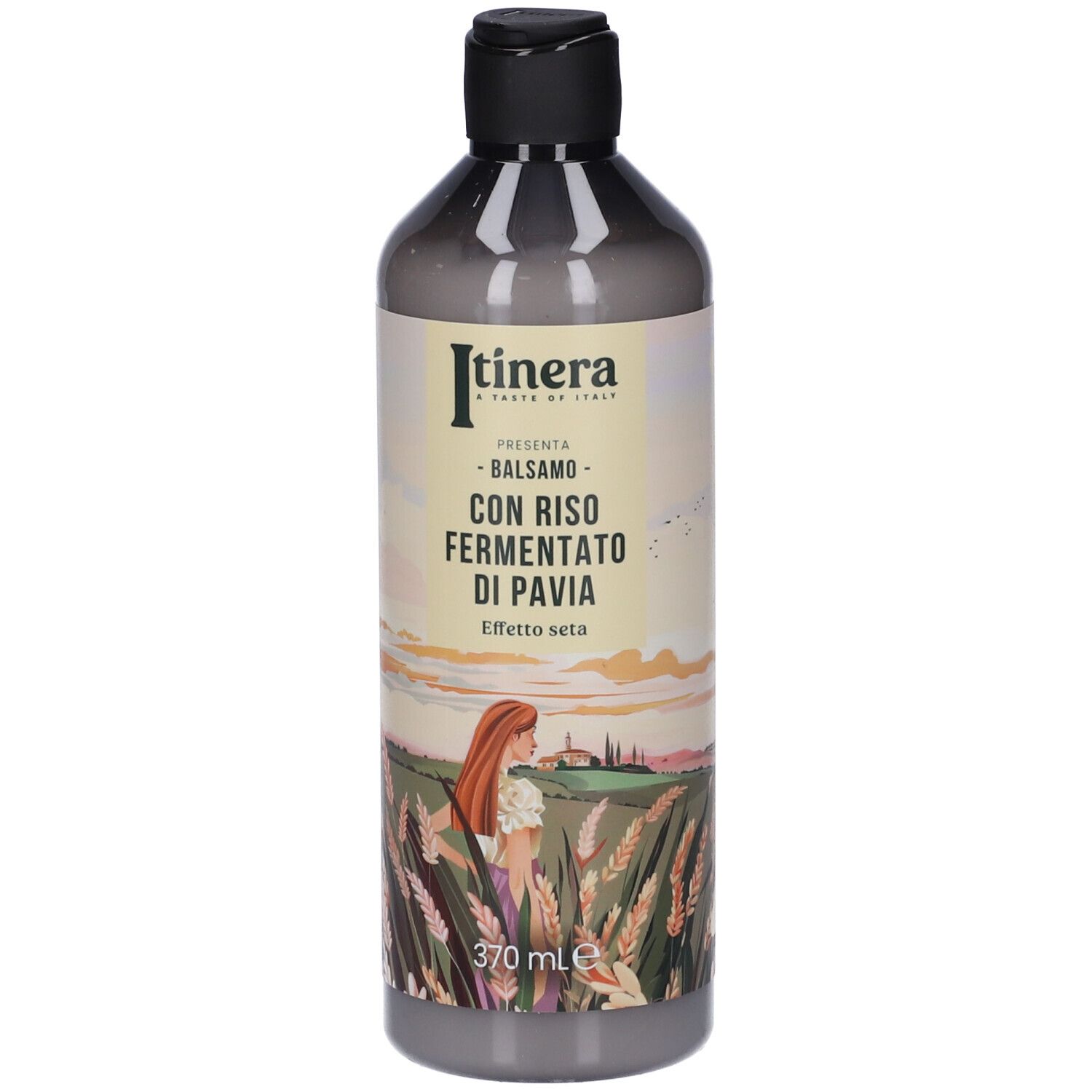 Flacone grigio con tappo nero. Etichetta con nome del prodotto e illustrazione di una donna.