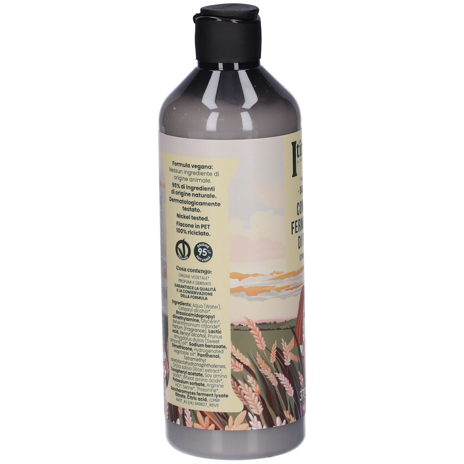 Flacone grigio con tappo nero. Etichetta con ingredienti e certificazioni.