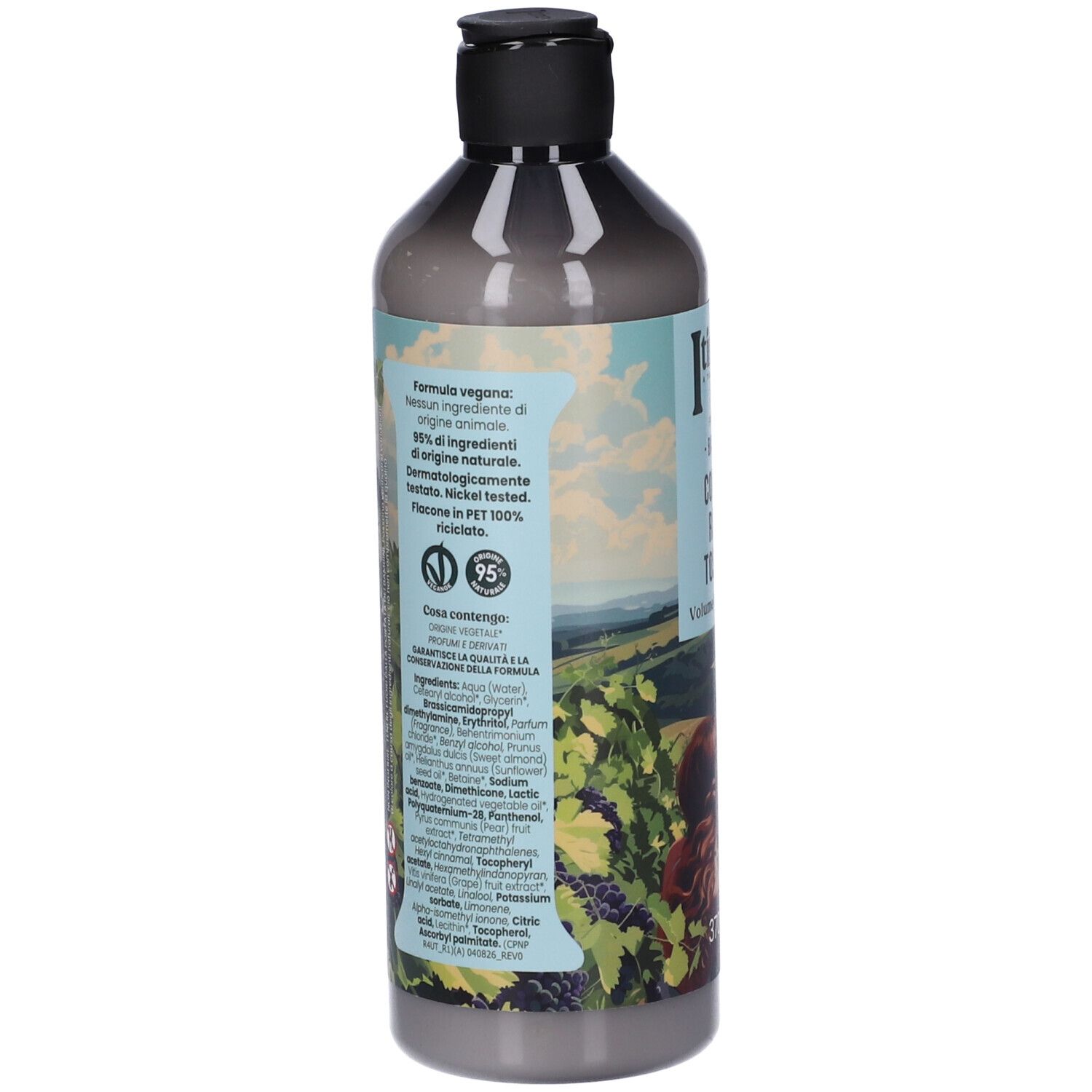 Flacone di balsamo. Retro con ingredienti e informazioni. Paesaggio. Tappo nero.