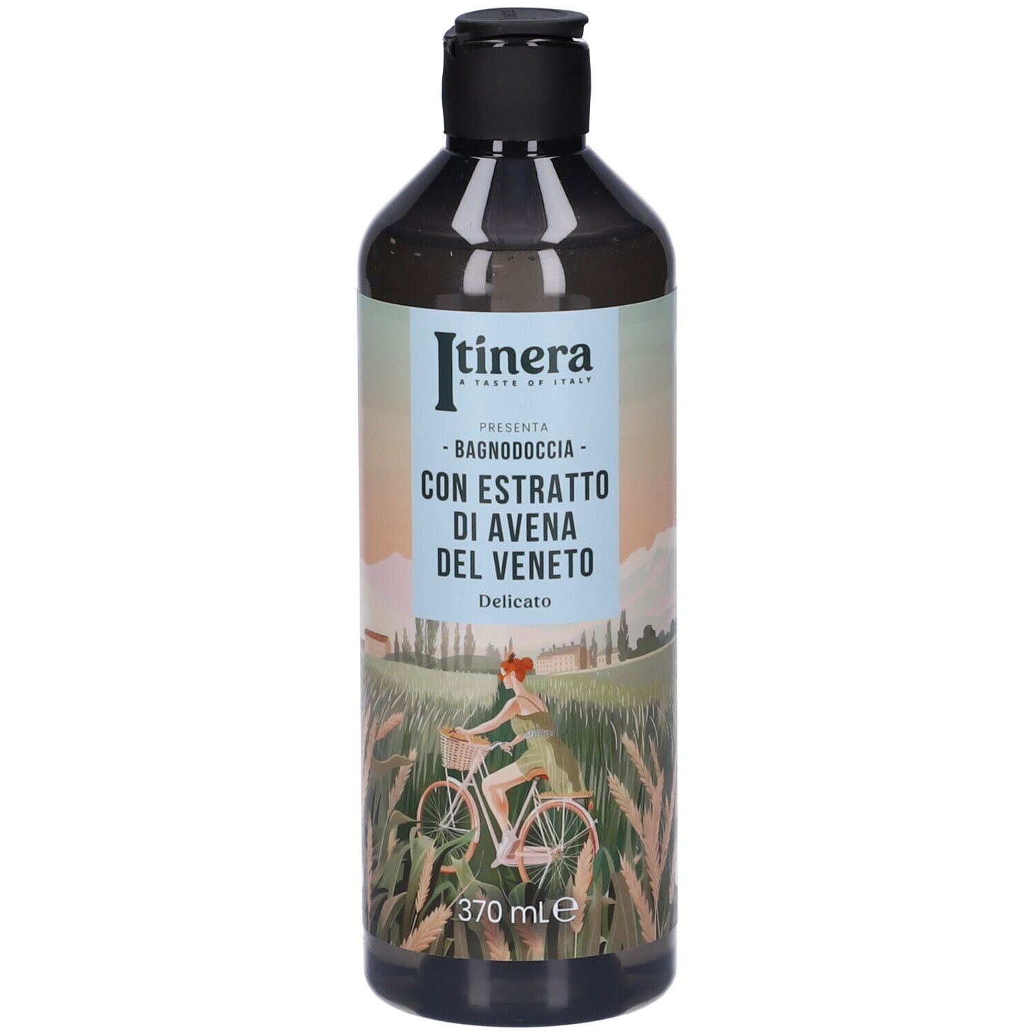 Flacone di bagnodoccia con tappo nero. Etichetta con nome del prodotto e illustrazione di una donna in bicicletta.