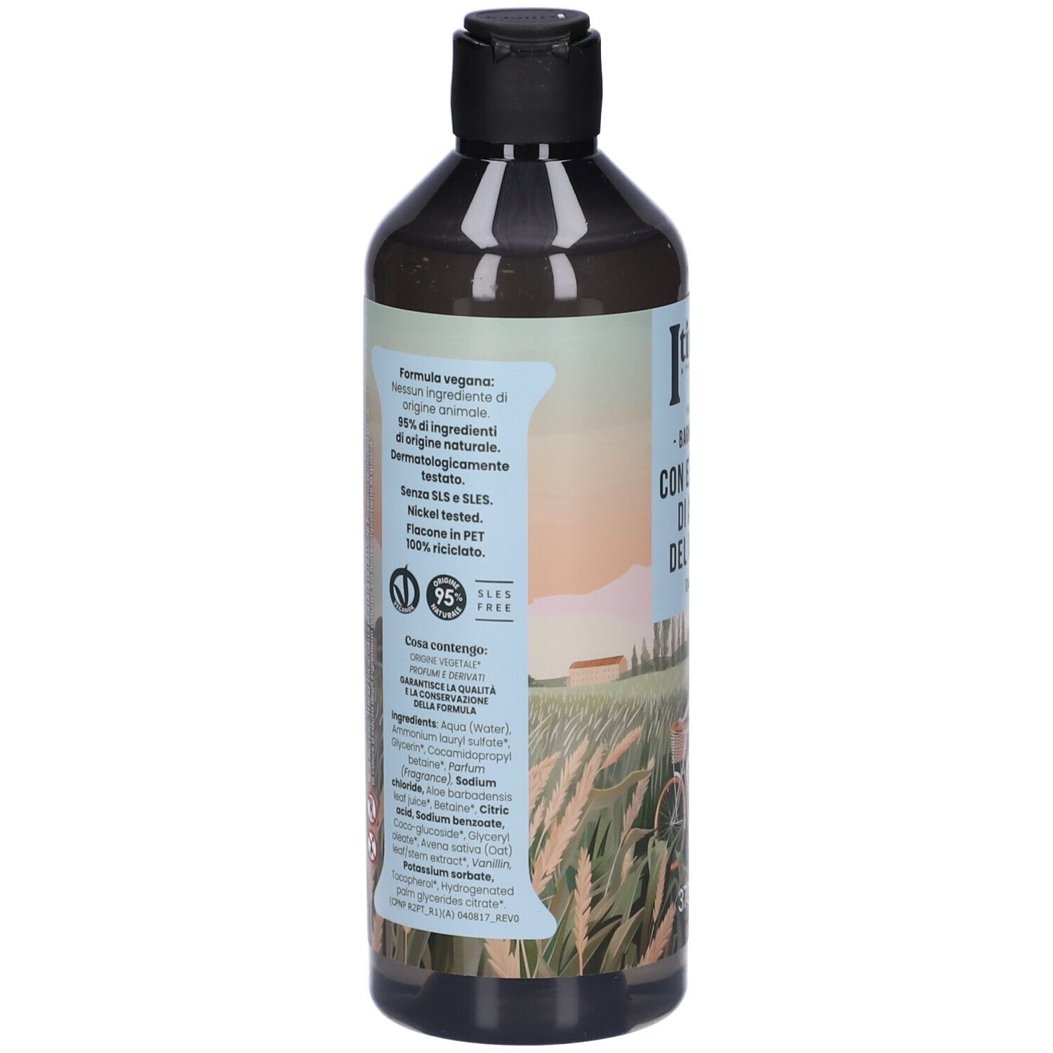 Flacone di bagnodoccia con tappo nero. Etichetta con ingredienti e logo vegano. PET riciclato al 35%.