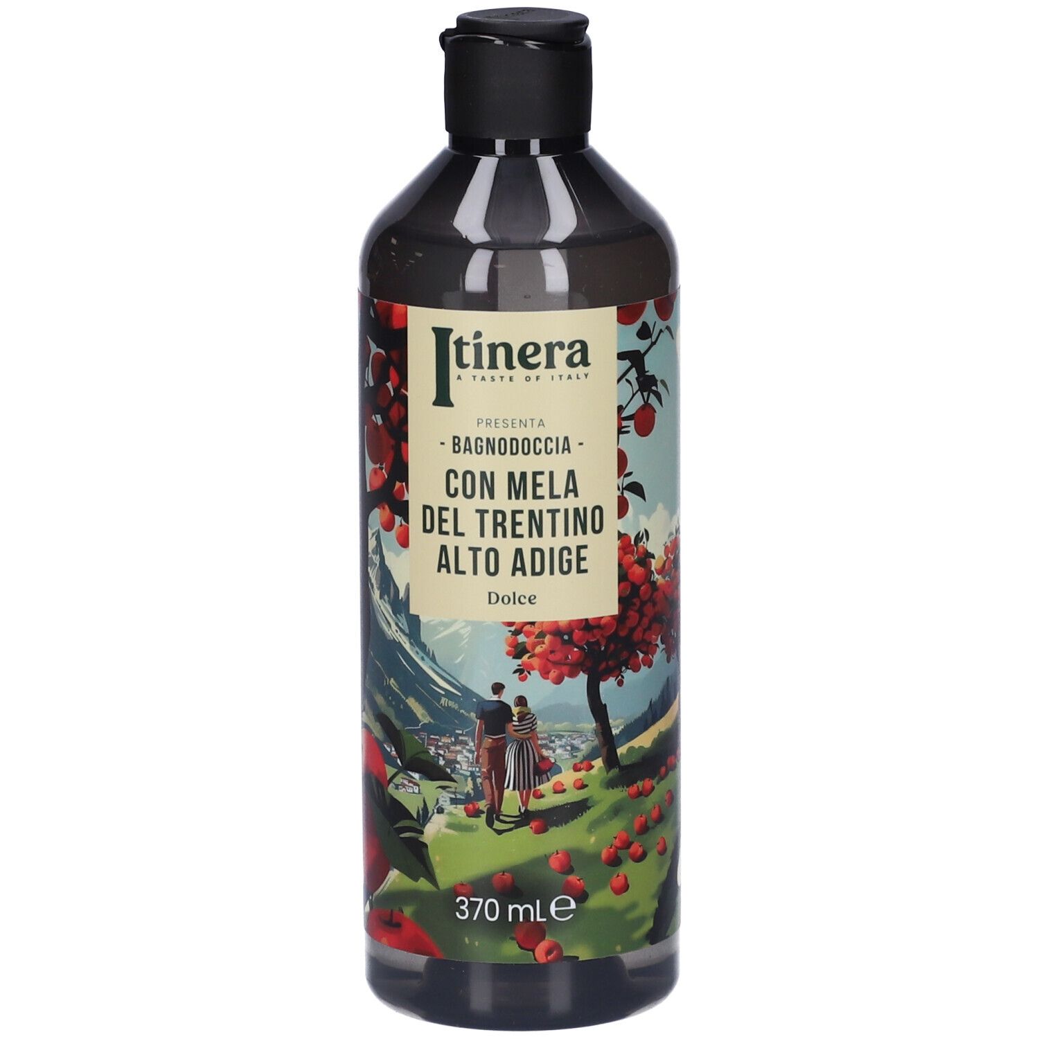 Flacone con tappo nero. Etichetta con nome del prodotto e 370 ml. Paesaggio con mele.