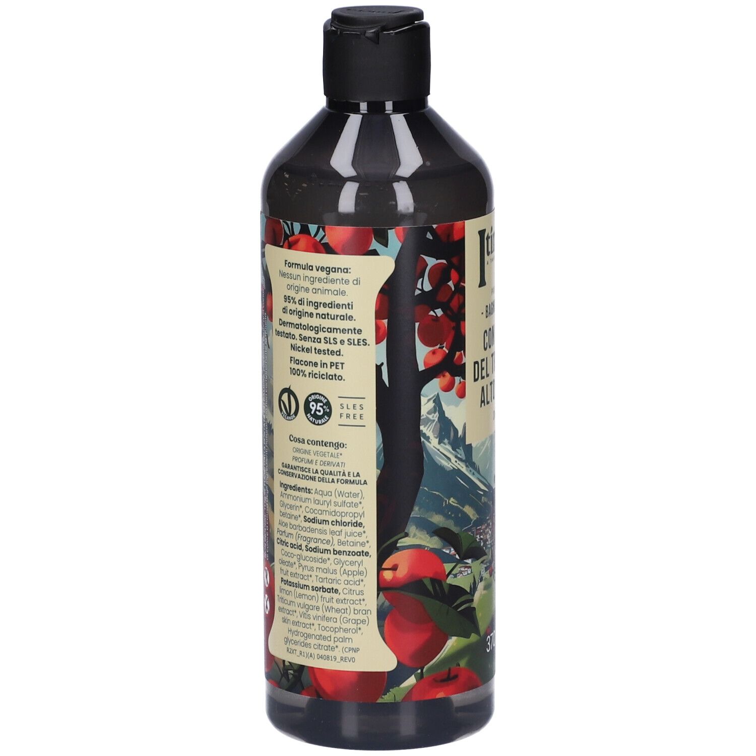 Flacone con tappo nero. Etichetta con ingredienti e testo. Logo vegano e 95% ingredienti naturali.