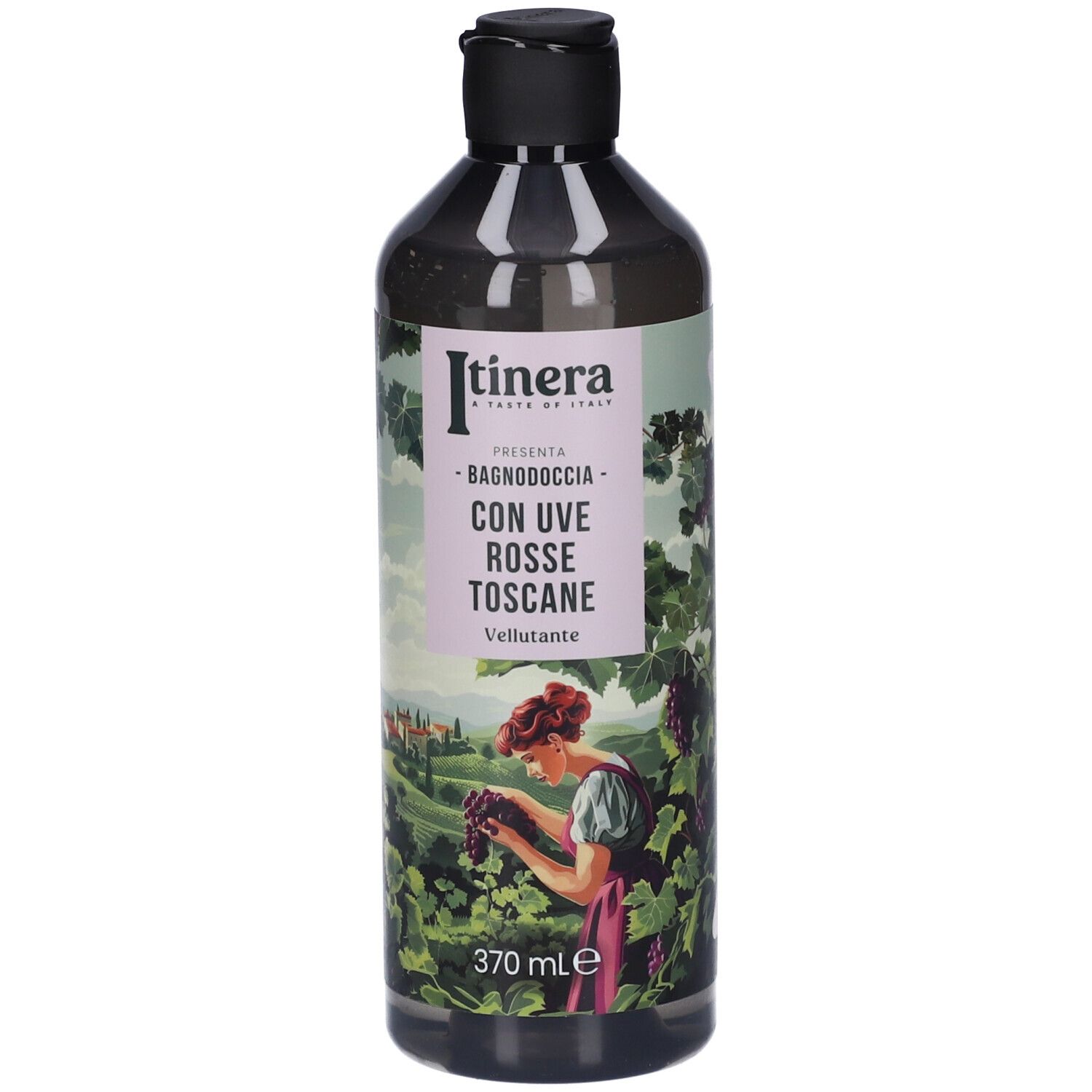 Flacone di bagnodoccia con tappo nero. Etichetta con nome del prodotto e illustrazione di donna con uva.