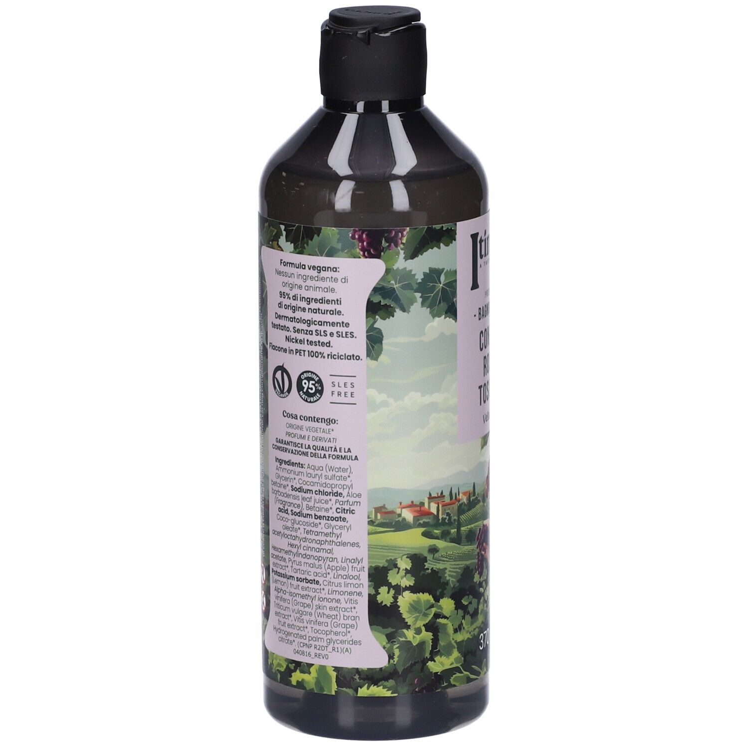 Flacone di bagnodoccia con tappo nero. Etichetta con ingredienti e logo vegano. Flacone in PET riciclato al 95%.