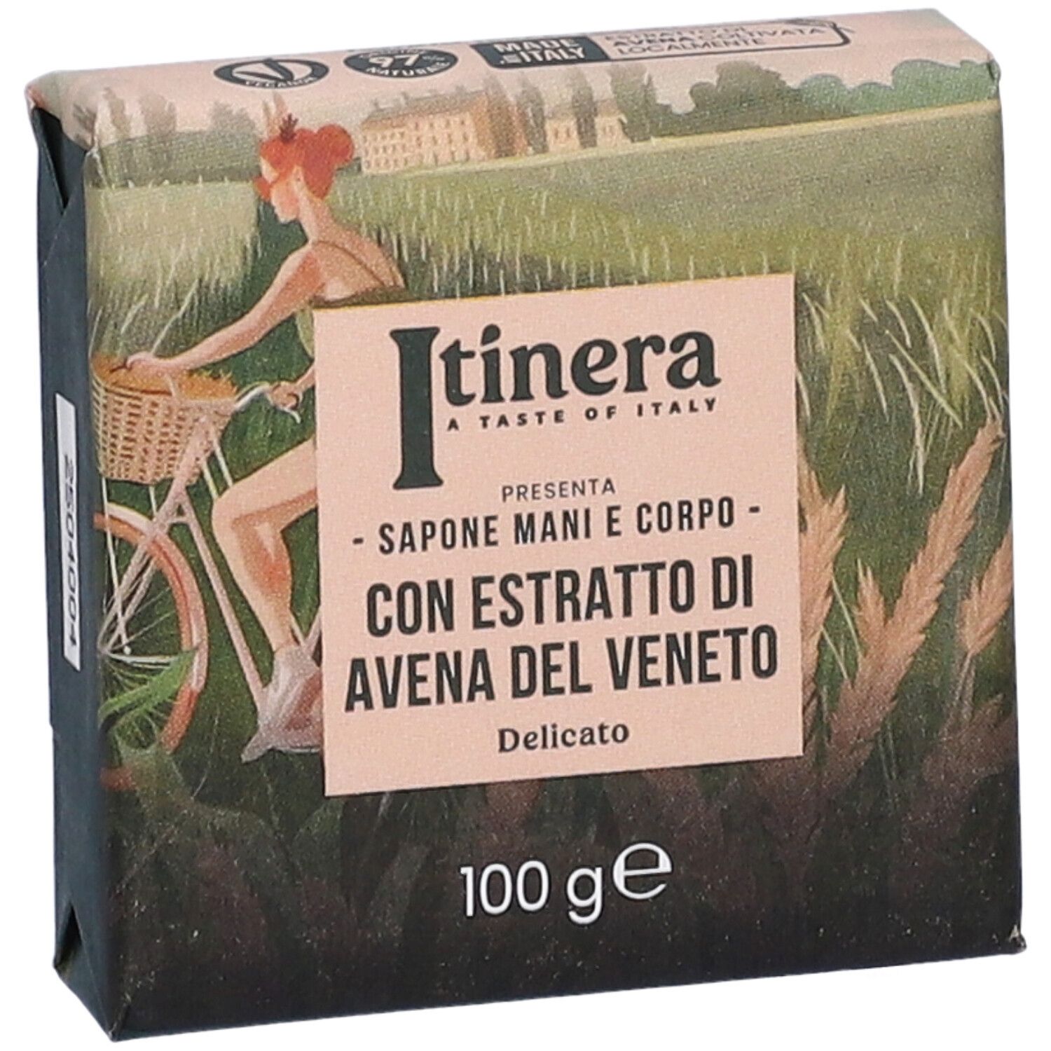 Sapone confezionato. Scritta: Itinera, Sapone Mani e Corpo, Avena del Veneto, 100 g. Logo vegano.