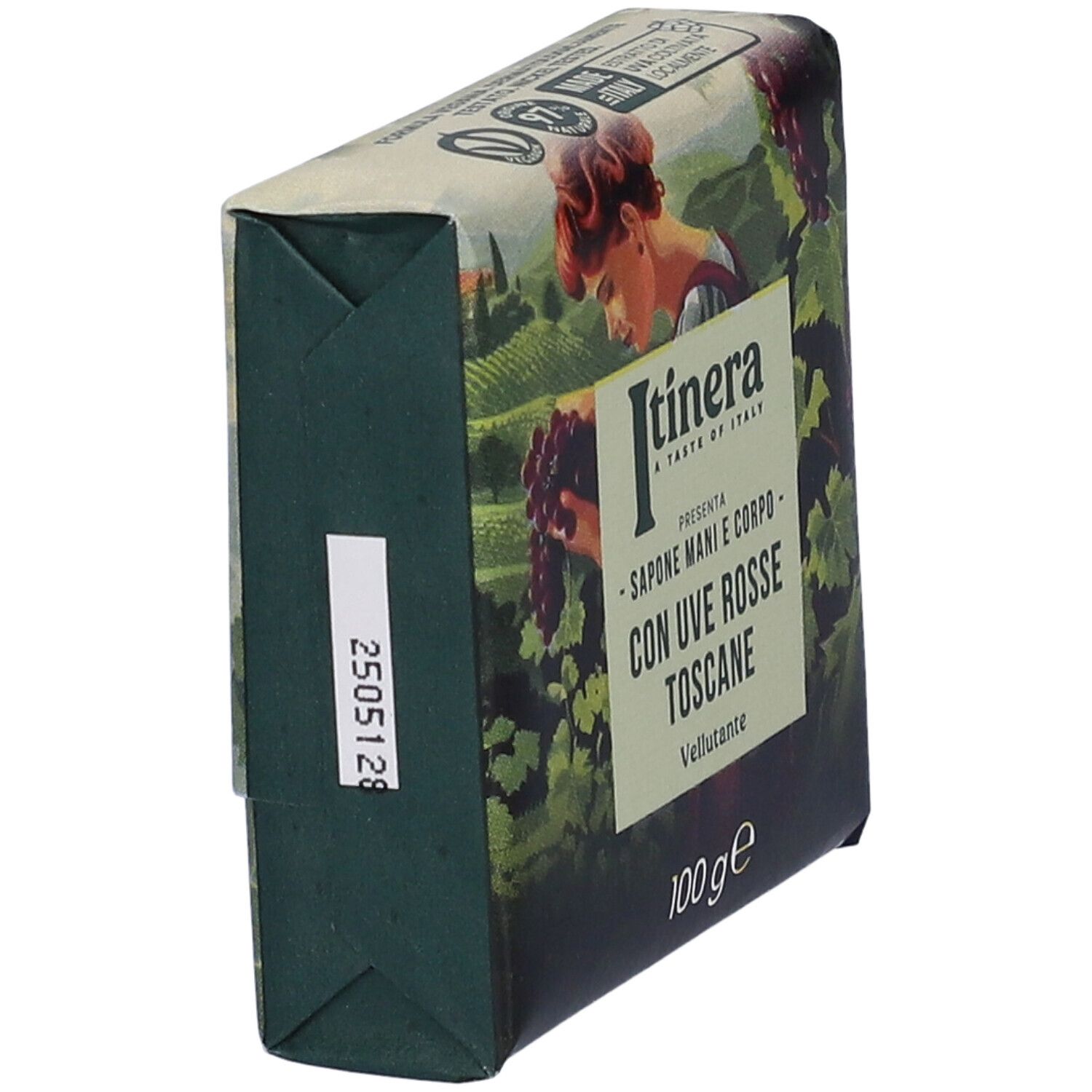 Confezione di sapone, vista laterale. Scritto: Itinera, Sapone Mani e Corpo con Uve Rosse Toscane. 100 g.