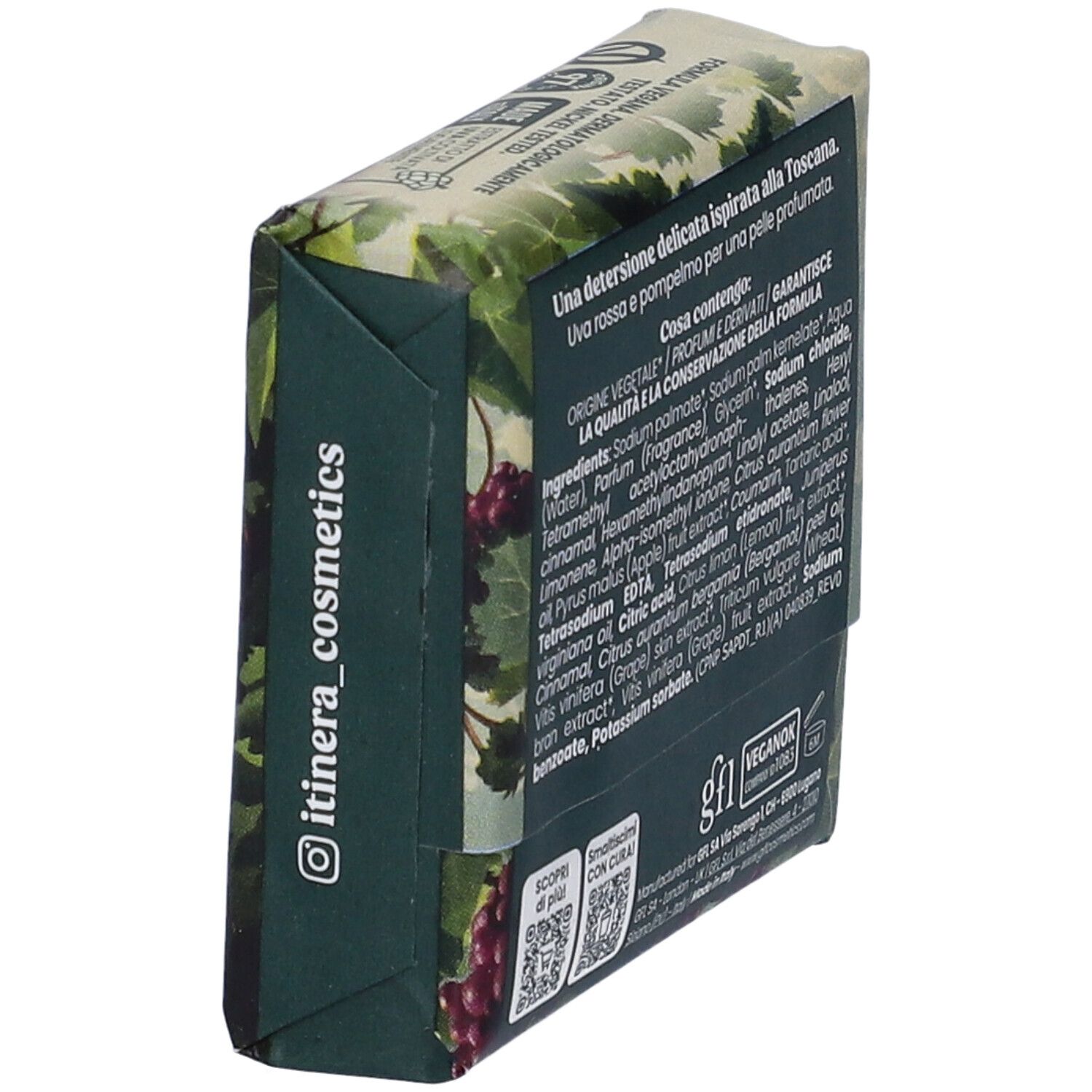 Confezione di sapone, vista laterale. Scritto: Itinera cosmetics. Logo vegano.