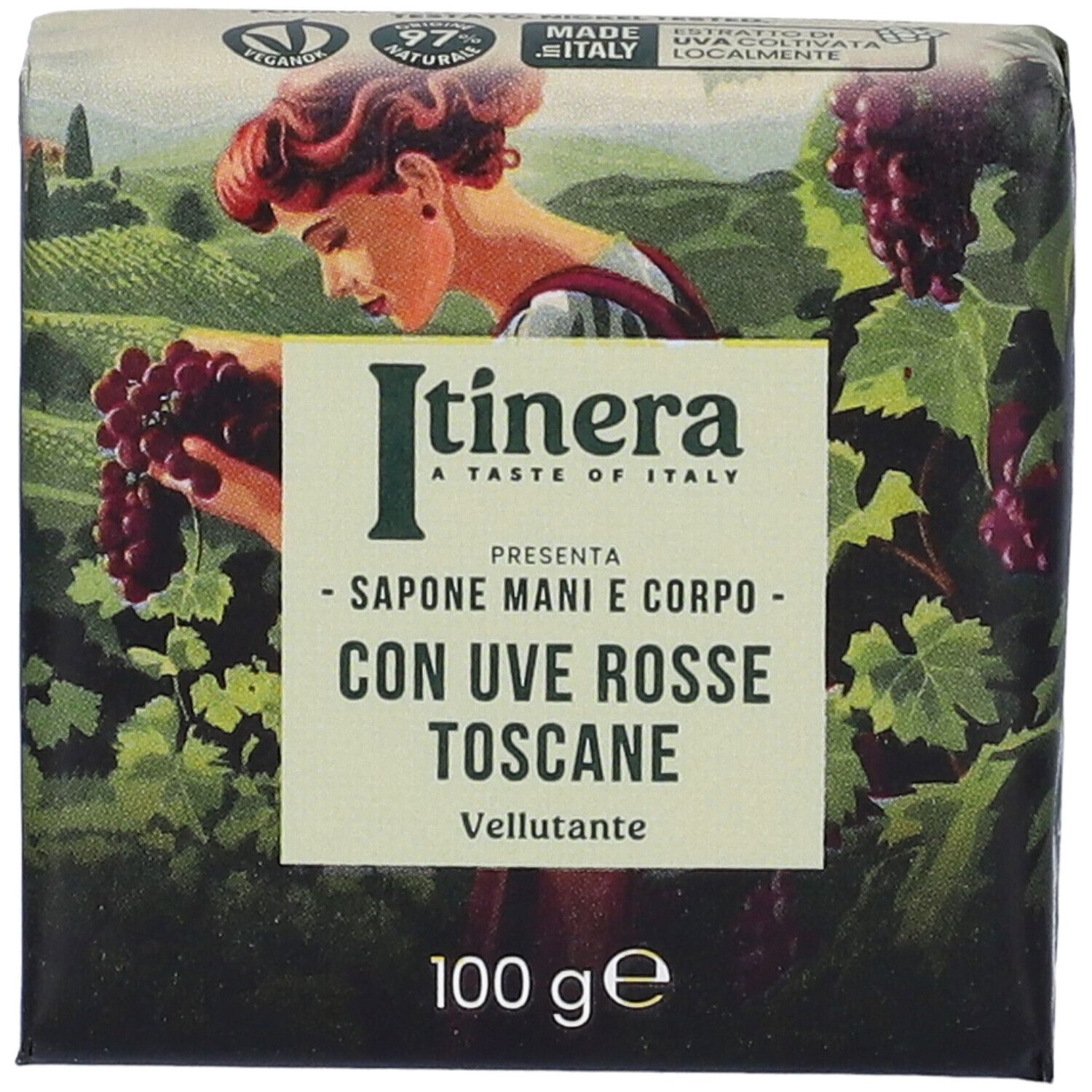 Sapone Itinera con confezione. Scritto: Sapone Mani e Corpo con Uve Rosse Toscane. 100 g. Vegan.