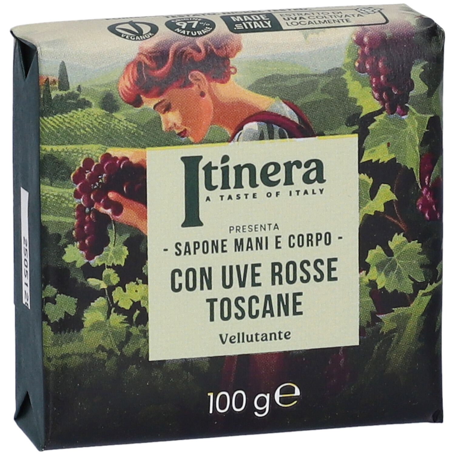 Sapone Itinera con confezione. Scritto: Sapone Mani e Corpo con Uve Rosse Toscane. 100 g. Vegan.