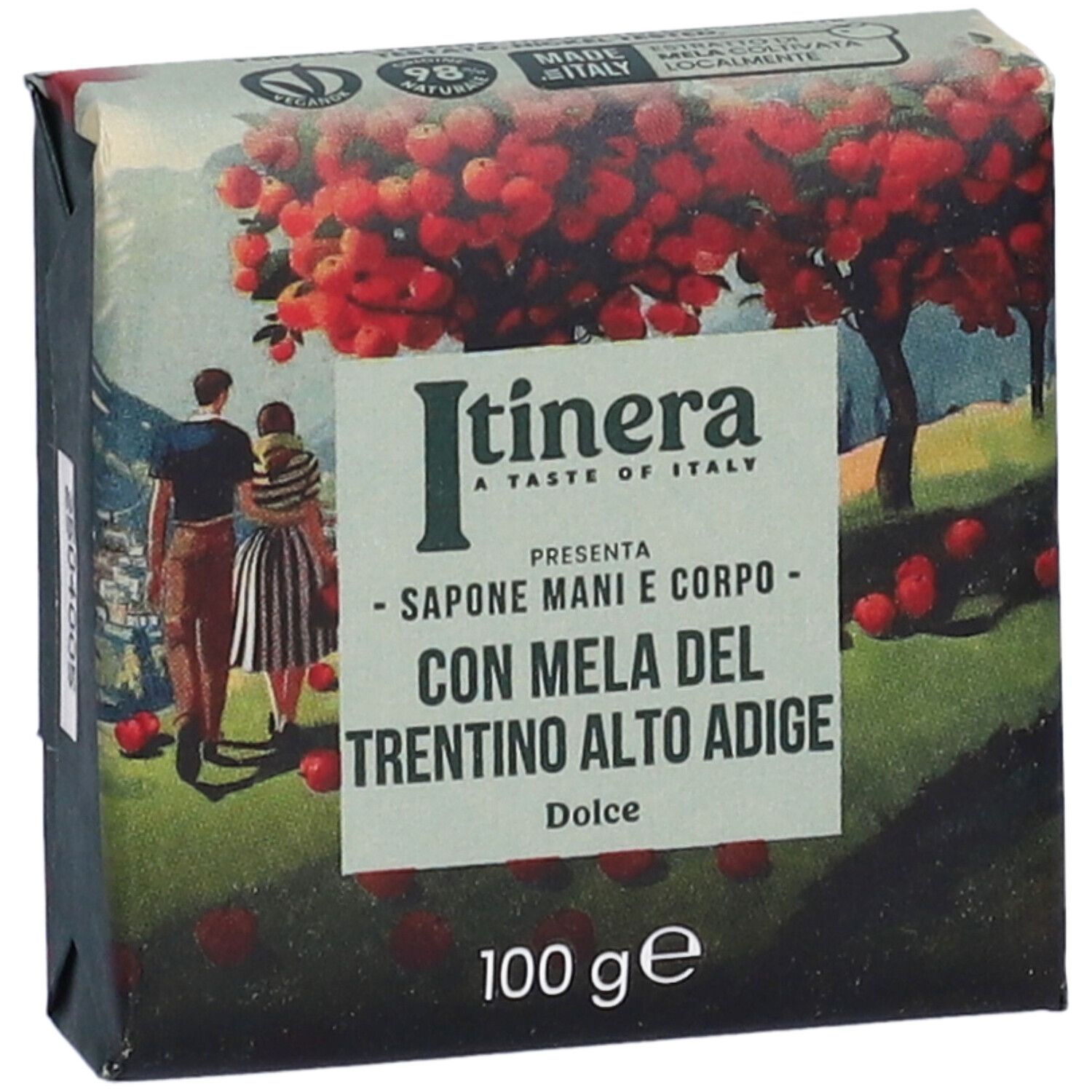 Sapone Itinera, vista dall'alto. Confezione con illustrazione di mele e persone. Testo: Sapone Mani e Corpo con Mela del Trentino Alto Adige Dolce.