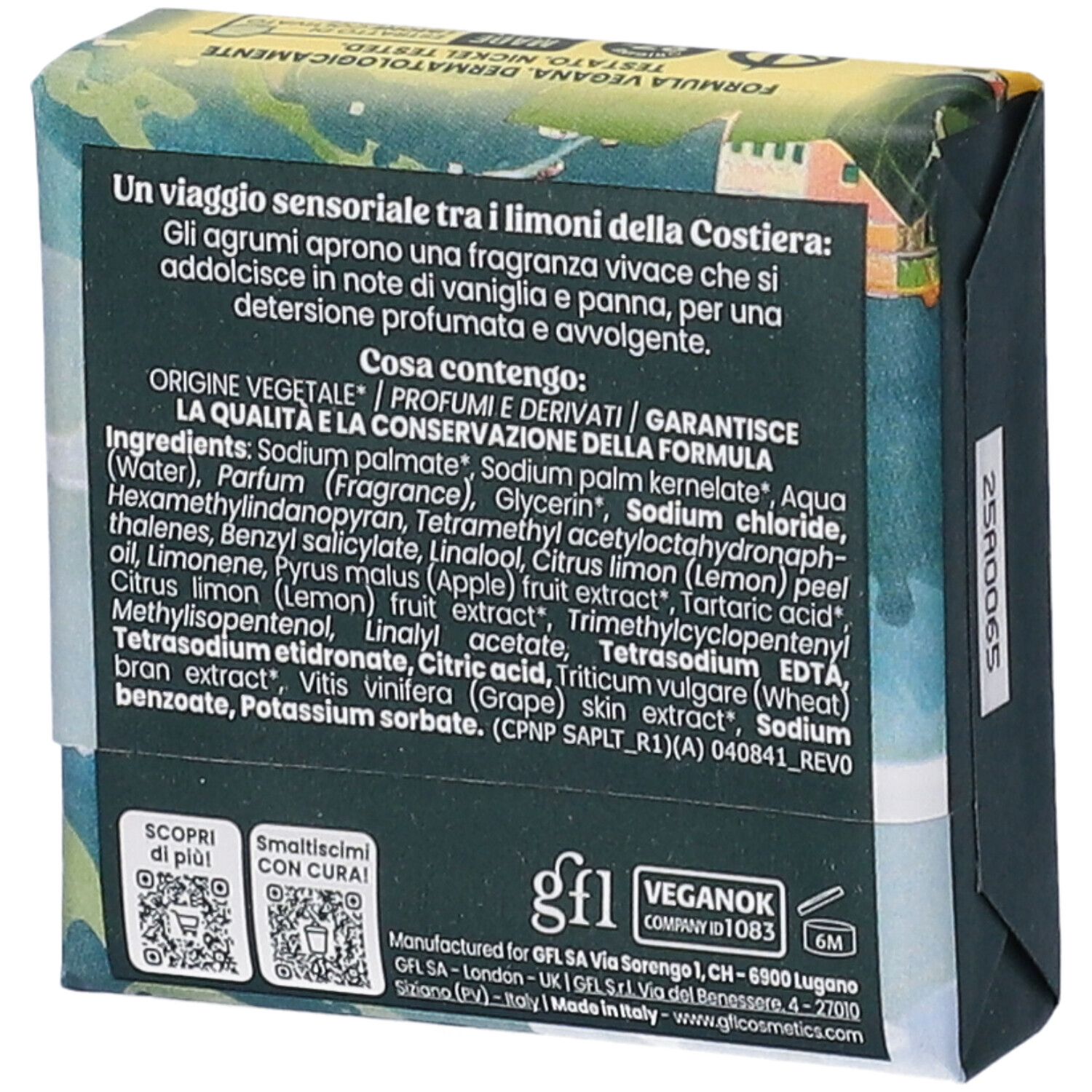 Retro della confezione del sapone. Testo sugli ingredienti e l'origine. Loghi: gfl, VeganOK.
