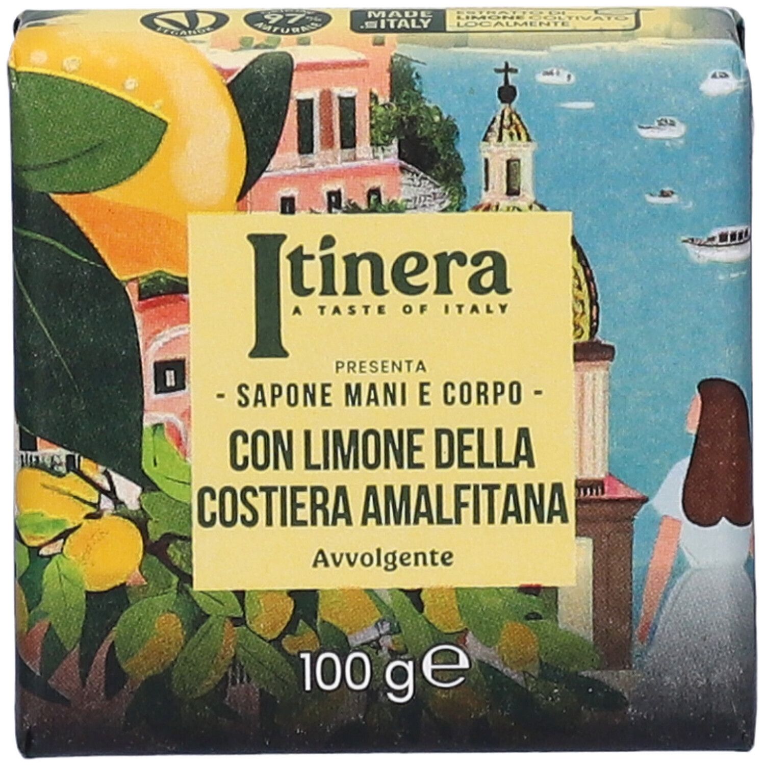 Sapone confezionato. Scritta: Itinera, Sapone Mani e Corpo con Limone della Costiera Amalfitana. 100 g.