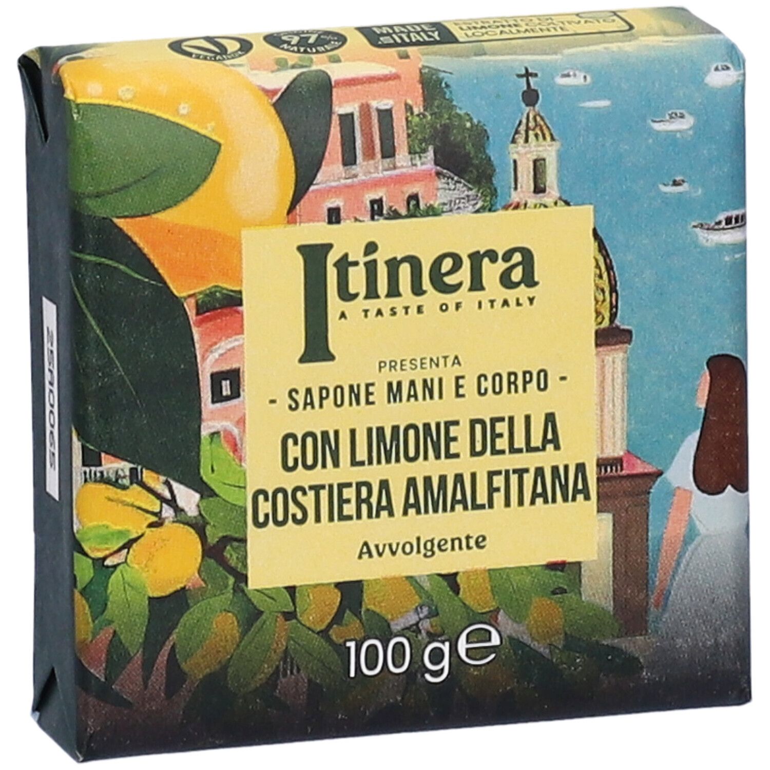 Sapone confezionato. Scritta: Itinera, Sapone Mani e Corpo con Limone della Costiera Amalfitana. 100 g. Codice 25RA0065.