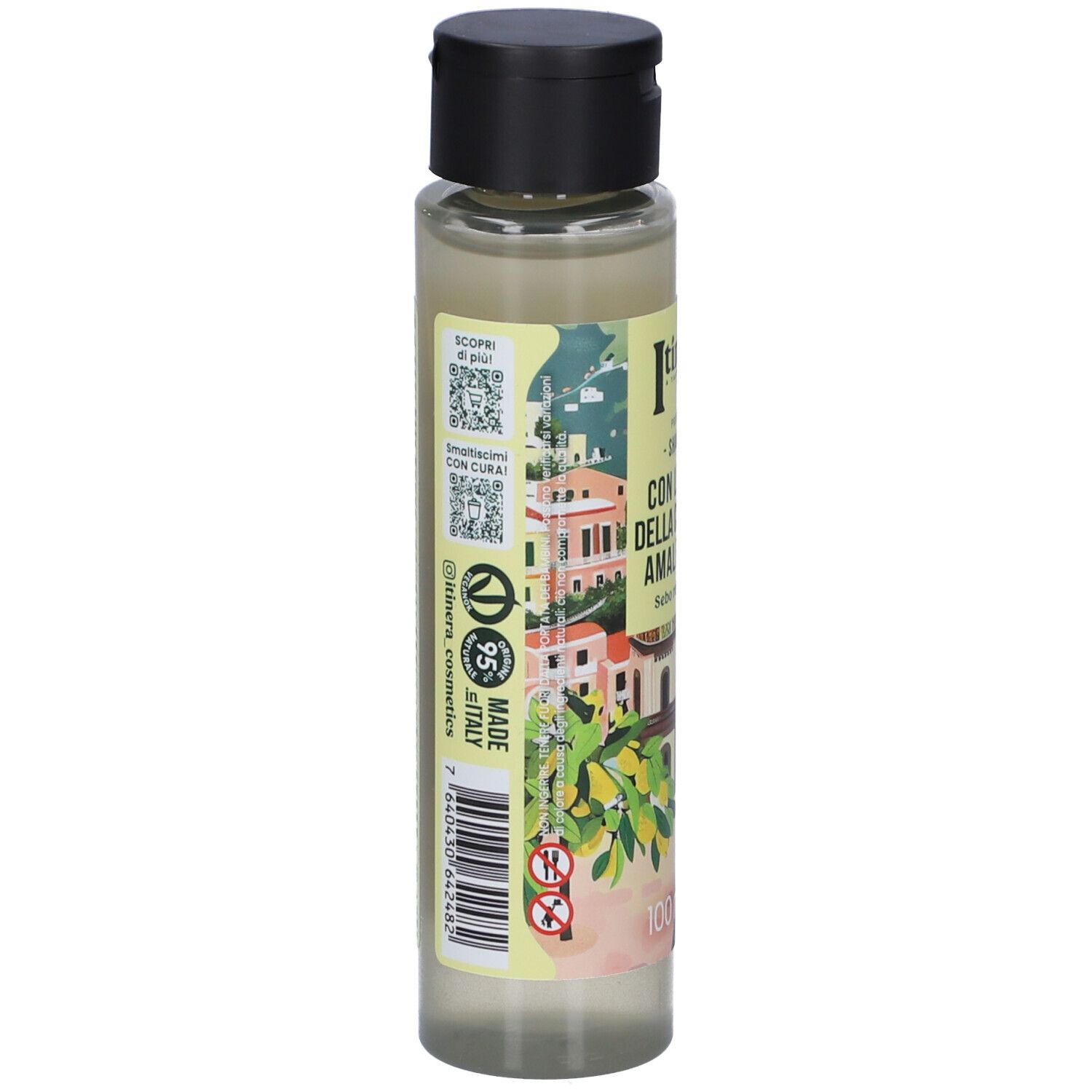 Retro del flacone. Etichetta con testo e codice QR. Scritta: Made in Italy, ingredienti, avvertenze.