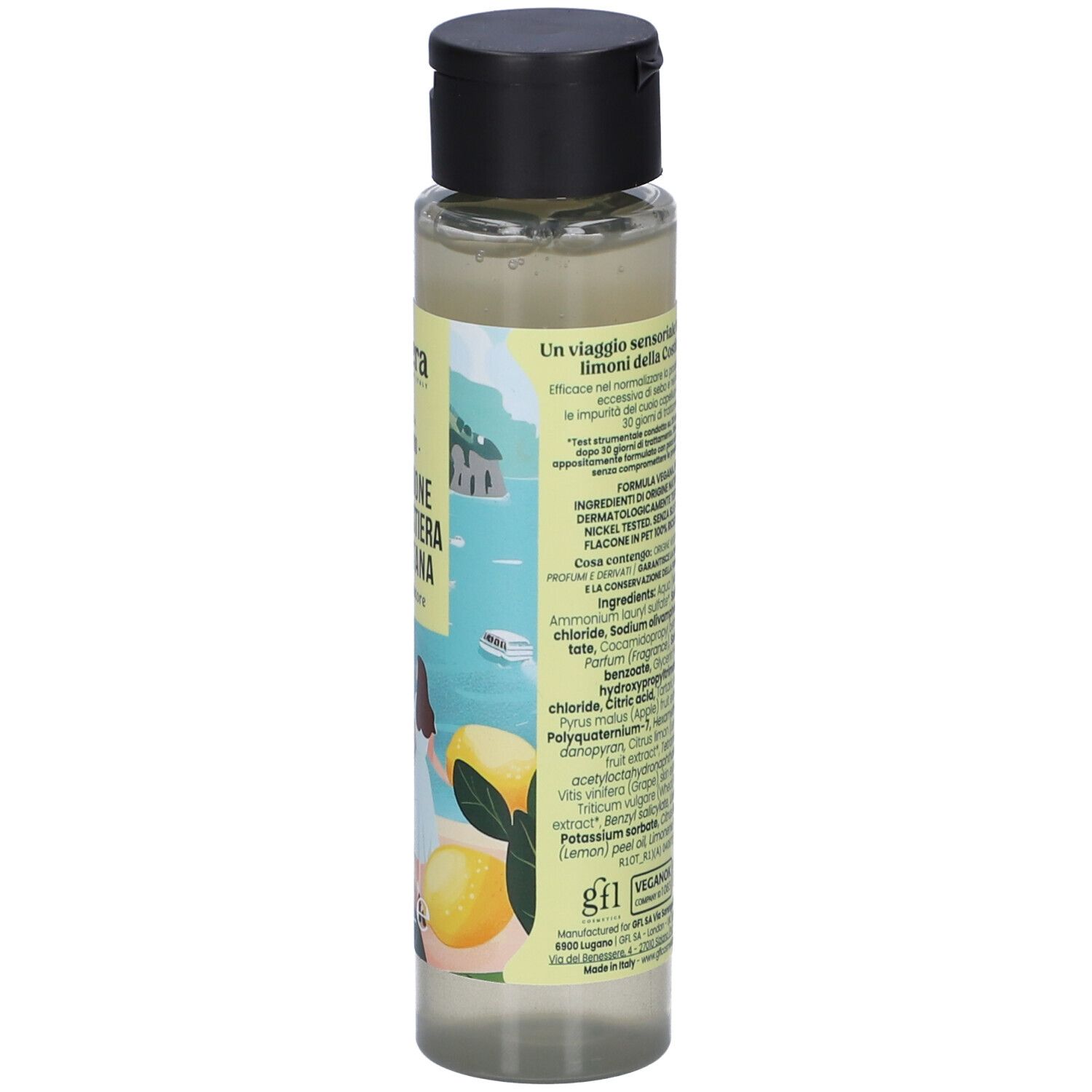 Retro del flacone. Etichetta con testo e ingredienti. Scritta: Un viaggio sensoriale tra i limoni della Costiera.