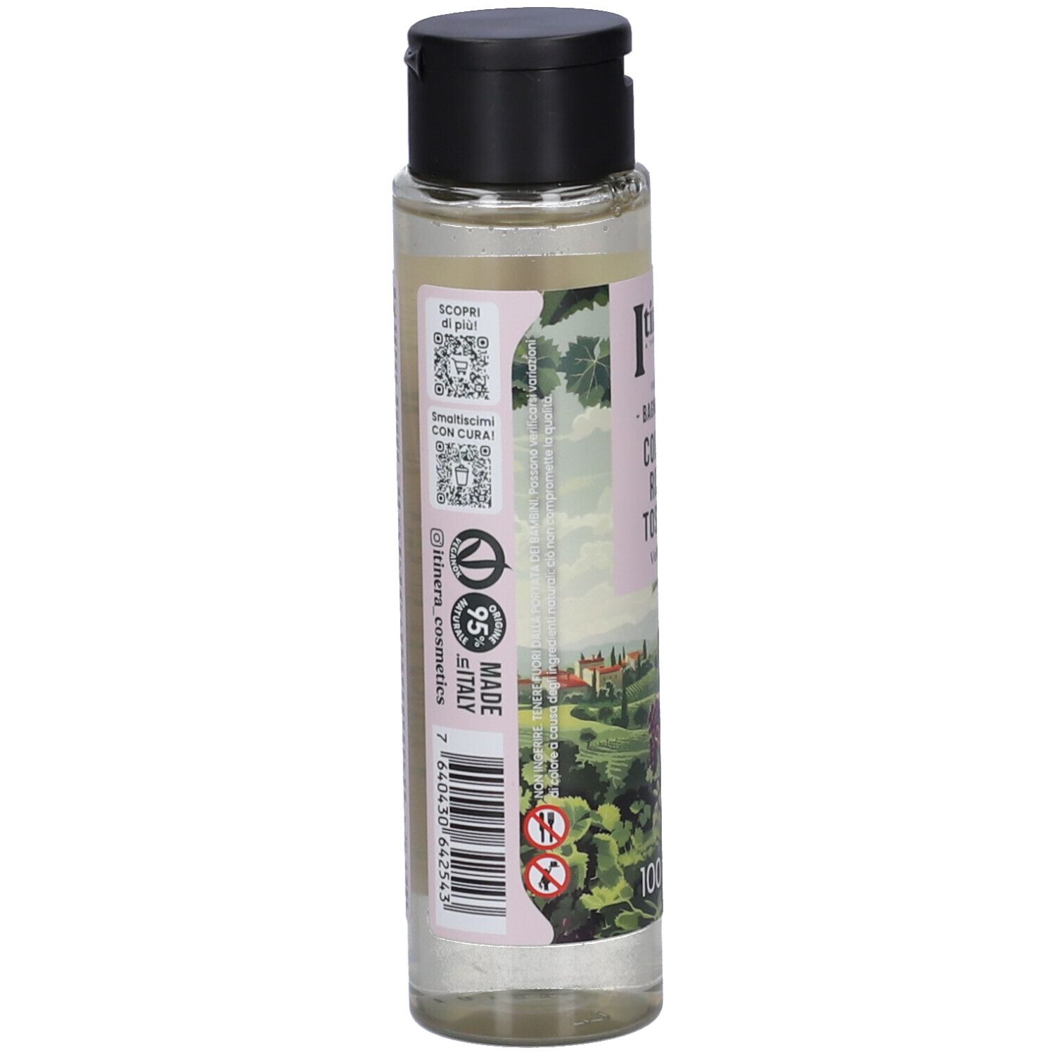 Flacone di bagnodoccia con tappo nero. Etichetta con codice QR, informazioni e avvertenze.
