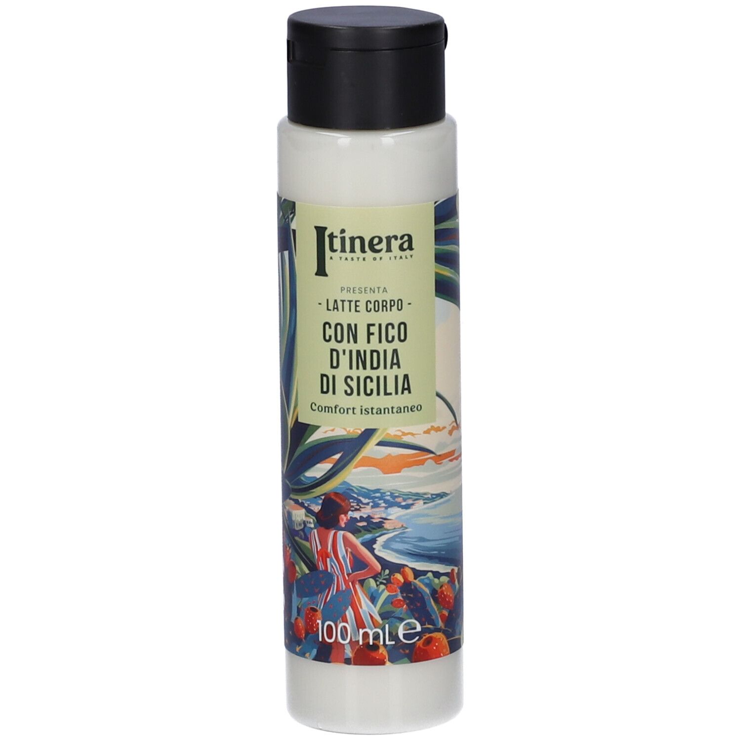 Flacone di crema con tappo nero. Scritta: ITINERA LATTE CORPO CON FICO D'INDIA DI SICILIA. 100 ml.