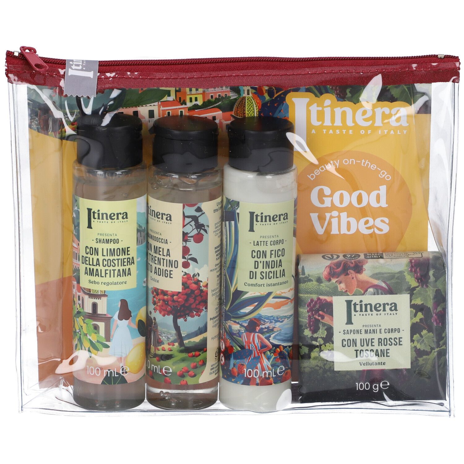 Itinera Set Viaggio Good Vibes Shampoo Sebo Regolatore + Bagnodoccia + Latte Corpo + Sapone Mani e Corpo