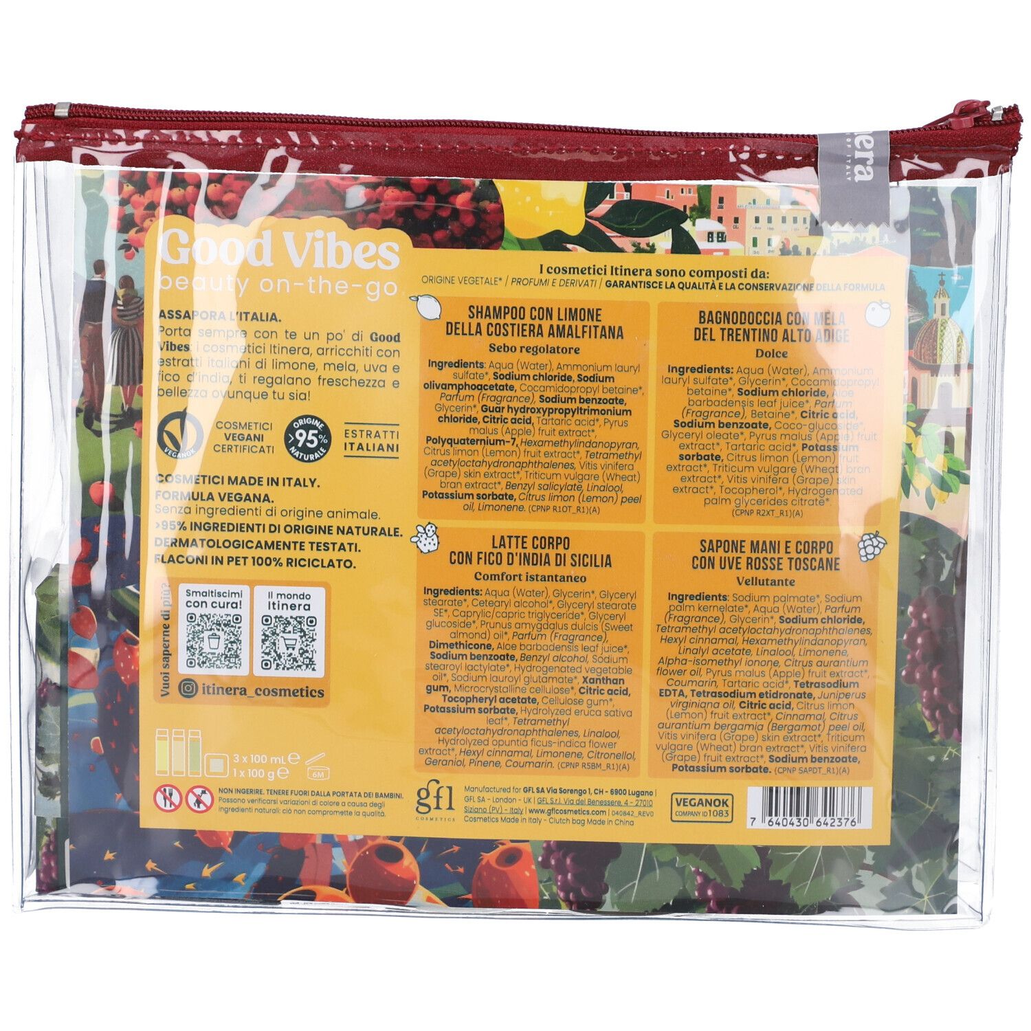 Retro della borsetta con informazioni sui prodotti. Contiene ingredienti, certificazioni e codice QR. Illustrazioni di paesaggi italiani.