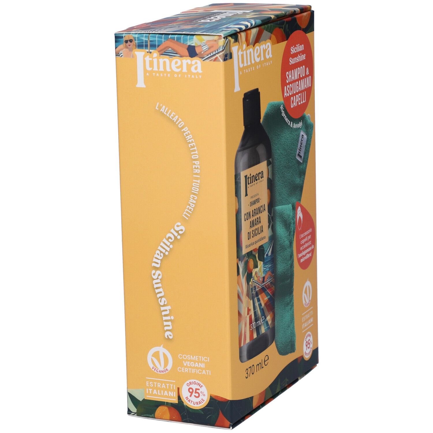 Confezione con shampoo (370ml) e un asciugamano verde. Marca: Itinera.