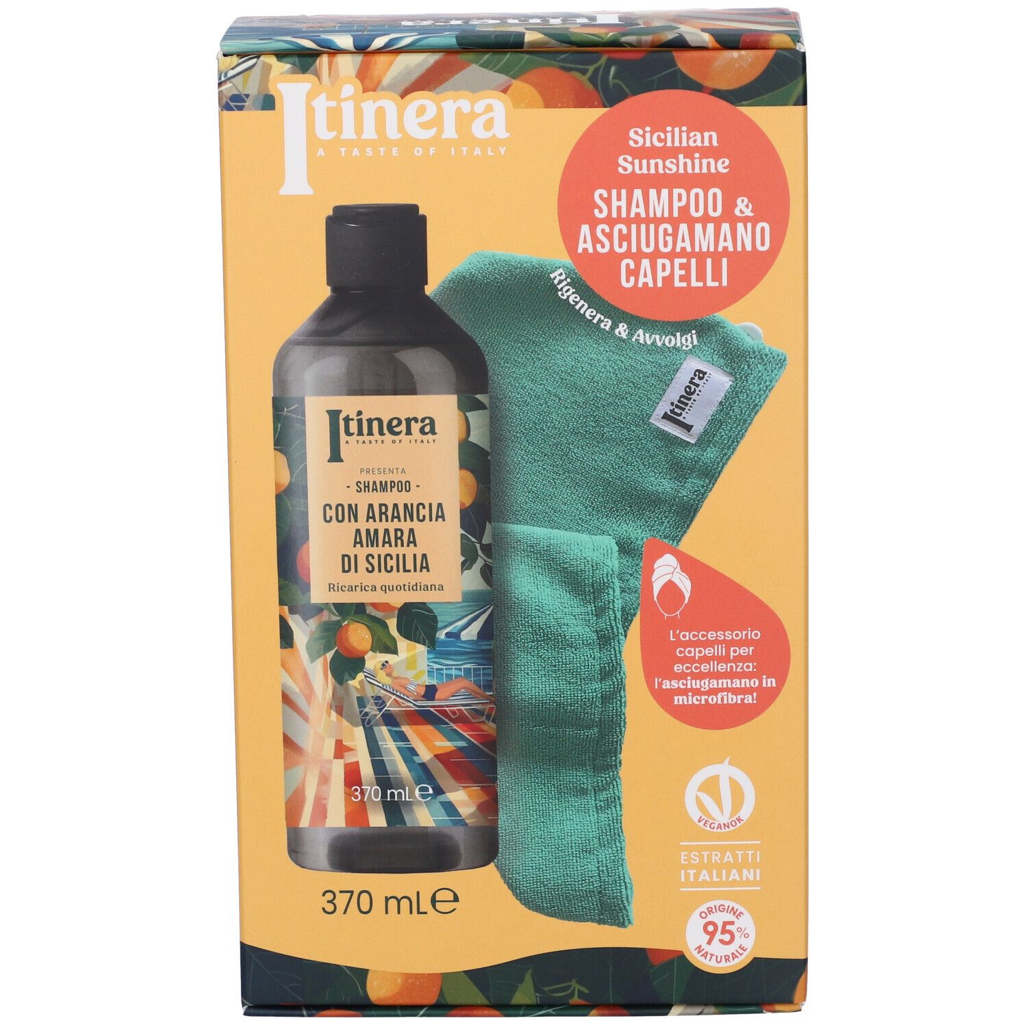 Set regalo Itinera con shampoo e asciugamano in microfibra, profumazione "Sicilian Sunshine".