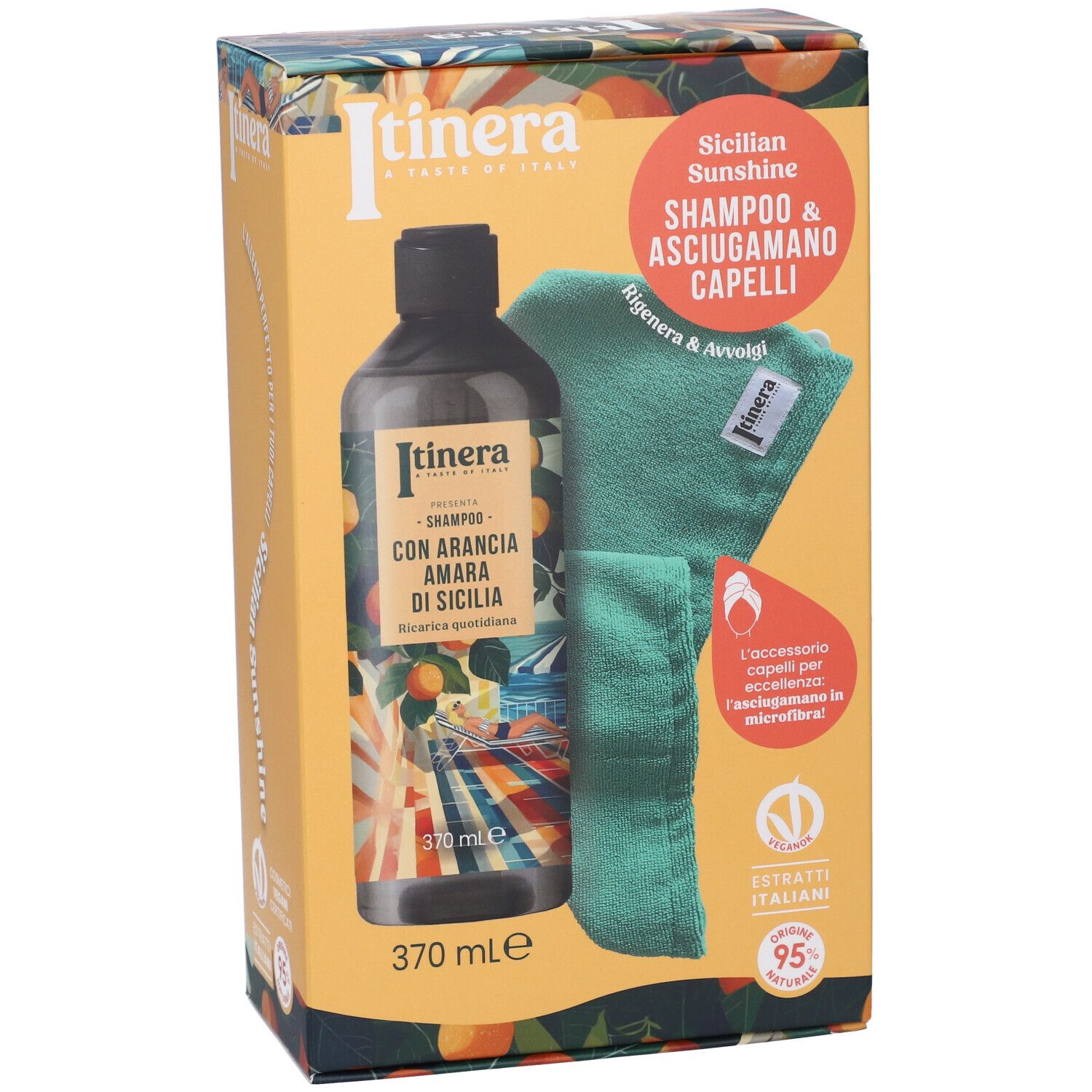Confezione Itinera Shampoo e asciugamano in microfibra. Fragranza "Sicilian Sunshine" con estratto di arancia rossa. 370 ml.